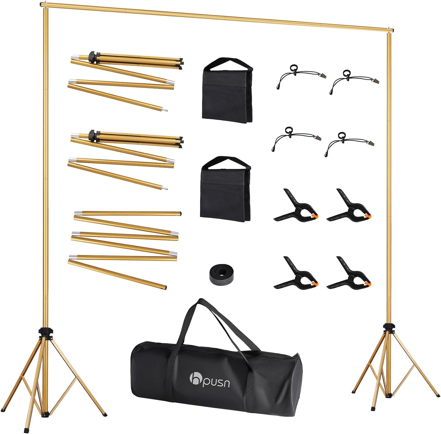 HPUSN Upgraded Backdrop Stand - 10ft x 7ft Adjustable Photoshoot - Photo Backdrop Stand for Parties - Includes Travel Bag, Sand Bags, Clamps - Photo Video Studio-Gold