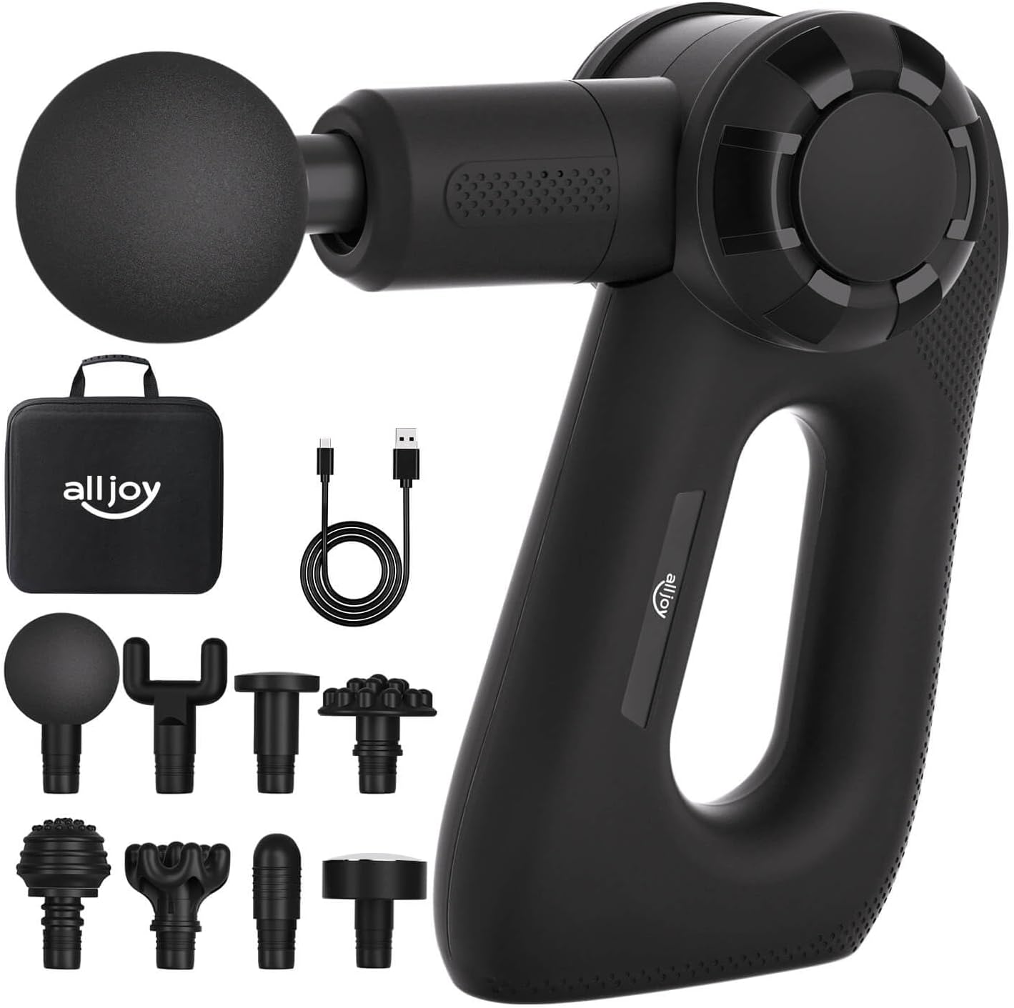 ALLJOY Massage Gun, Handheld Massager Gun for Athletes, Deep Tissue Muscle Massager with 8 Interchangeable Heads, New Ergonomic Design and Super-Quiet Setting - Black