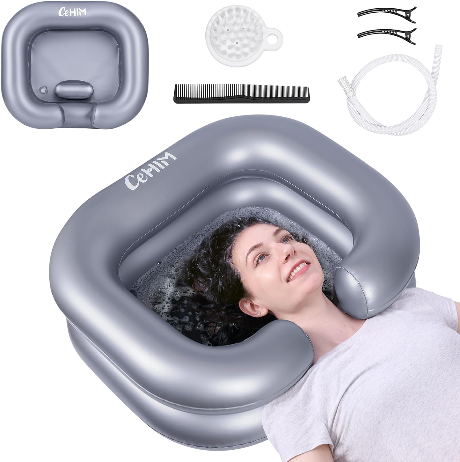 Inflatable Shampoo Basin - Portable Shampoo Bowl, Hair Washing Basin for Bedridden, Disabled,Injured, Hair Wash Tub for Dreadlocks and at Home Sink Washing (Silvery)