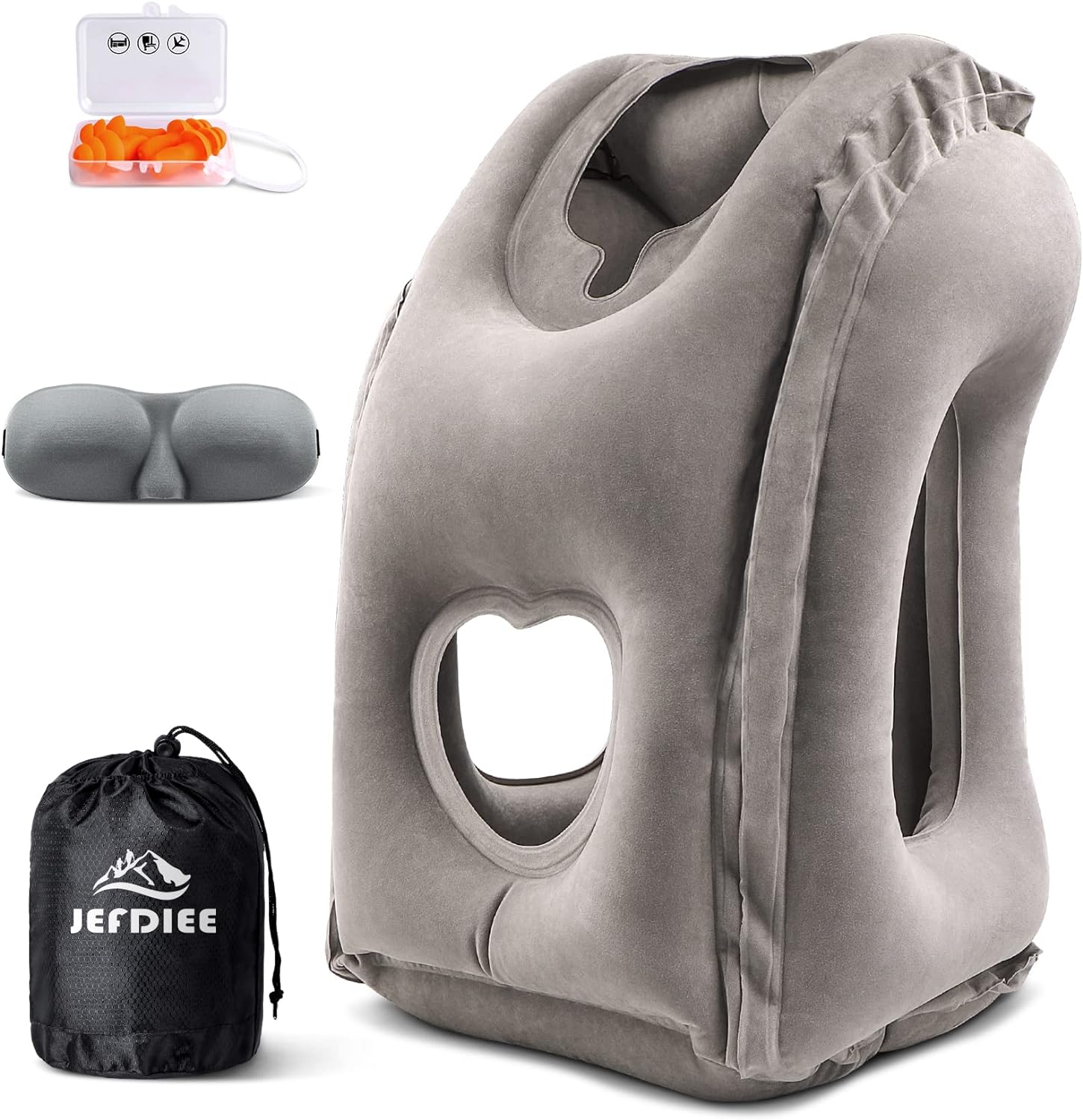 JefDiee Inflatable Travel Pillow, Airplane Neck Pillow Comfortably Supports Head and Chin for Airplanes, Trains, Cars Office Napping on The Tray Table (Grey)