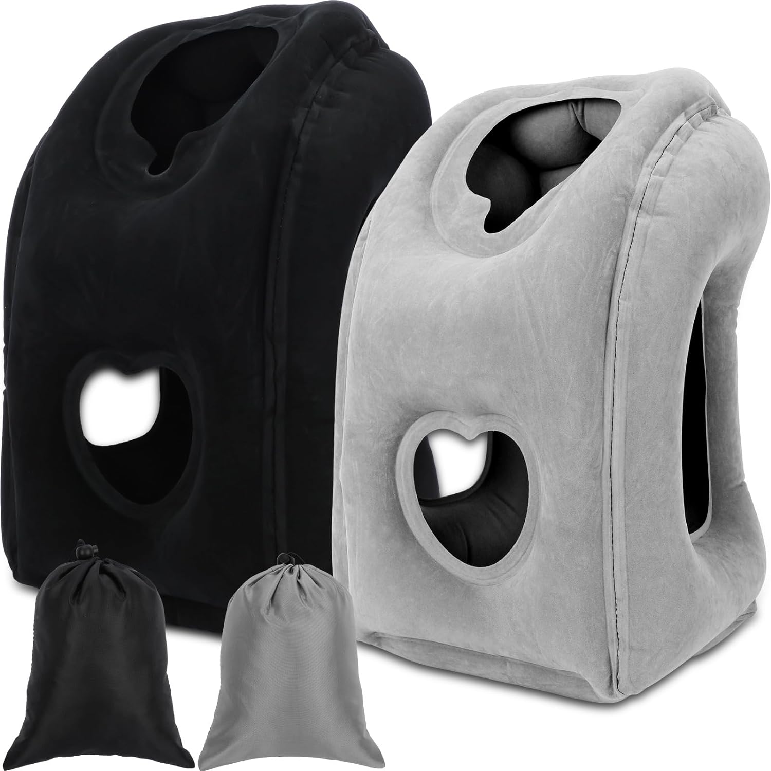 2 Pack Inflatable Travel Pillow Inflatable Neck Pillow for Traveling Sleeping Bed Car Cushion Seat Airplane Pillow Supports Back Head and Lumbar with Portable Bag (Dark Gray and Black)