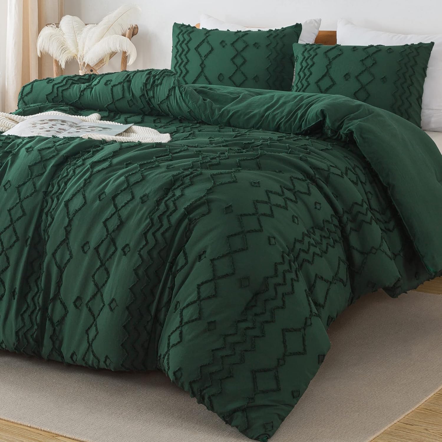 Andency Emerald Tufted Comforter Set King(104x90Inch), 3 Pieces(1 Boho Comforter, 2 Pillowcases) Textured Farmhouse Comforter, Soft Microfiber Down Alternative Geometric Comforter Bedding Set