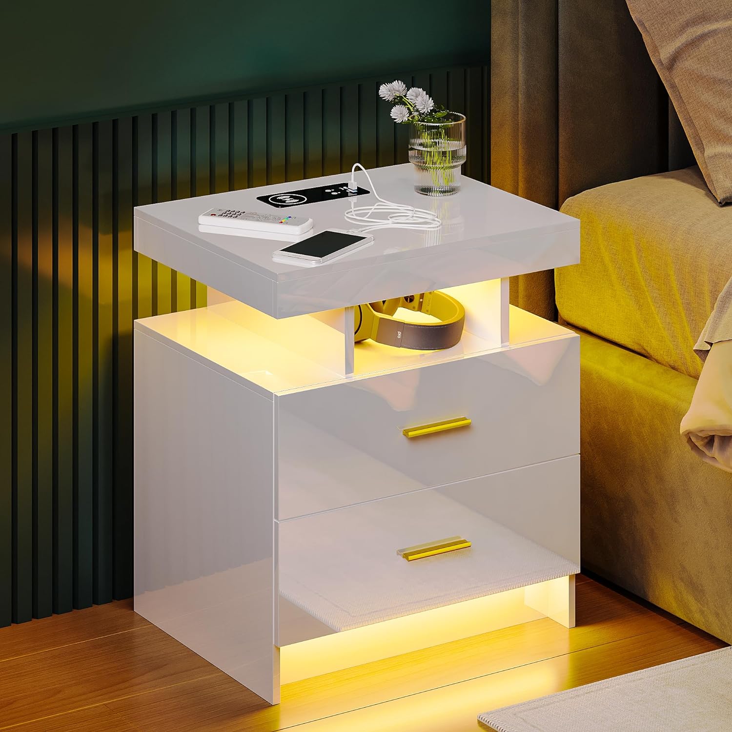 OUTDOOR DOIT Smart Nightstand with Wireless Charging Station/USB Port, White High-Gloss Storage Bedside Table, Night Stand has 2 Drawers,Body Sensor/3 Color Lighting,Suitable for Bedroom