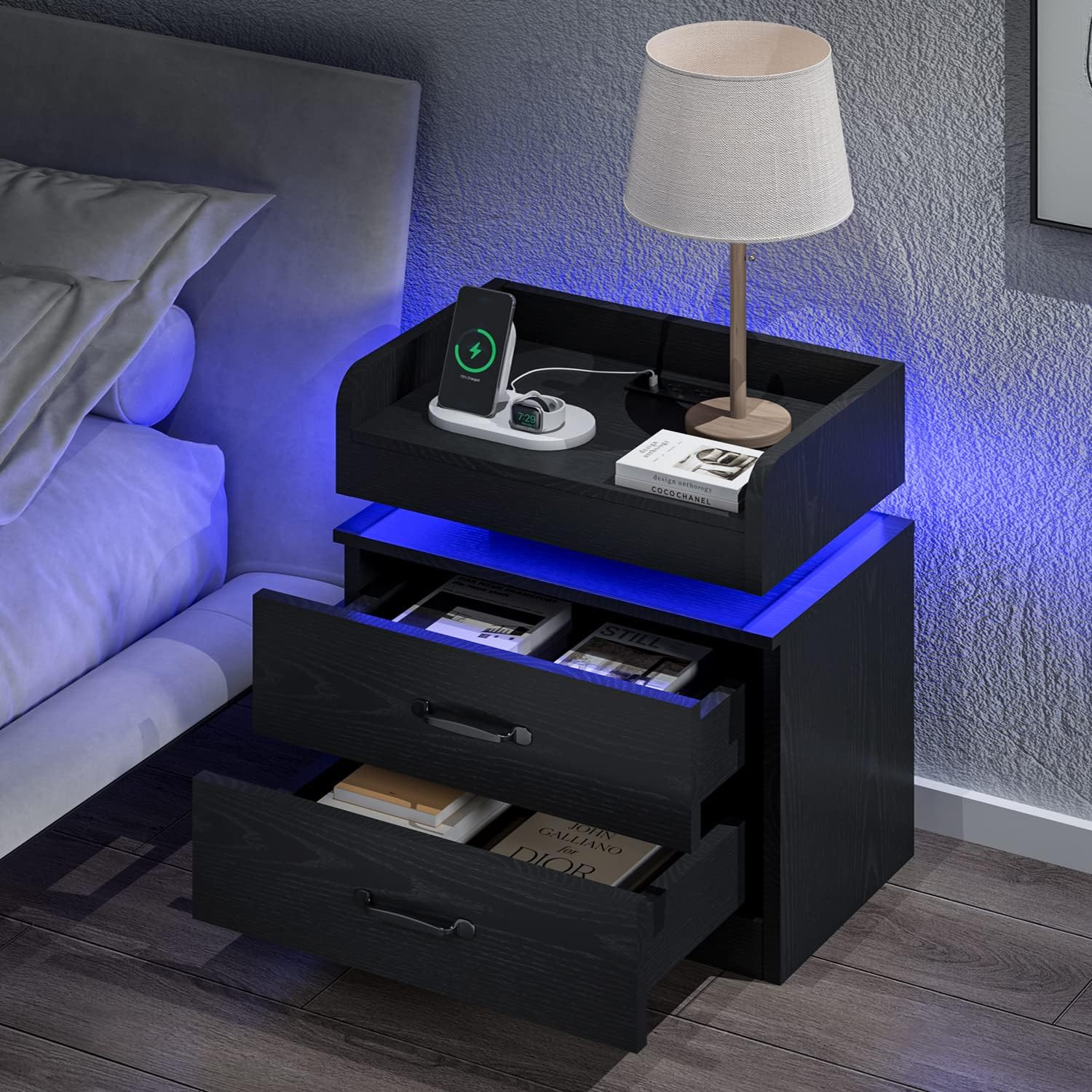 Black Nightstand with Charging Station, Night Stand with LED Lights, Modern Led End Table Nightstand for Bedroom, Bedside Table with 2 Drawers, Bed Side Table with Storage for Living Room