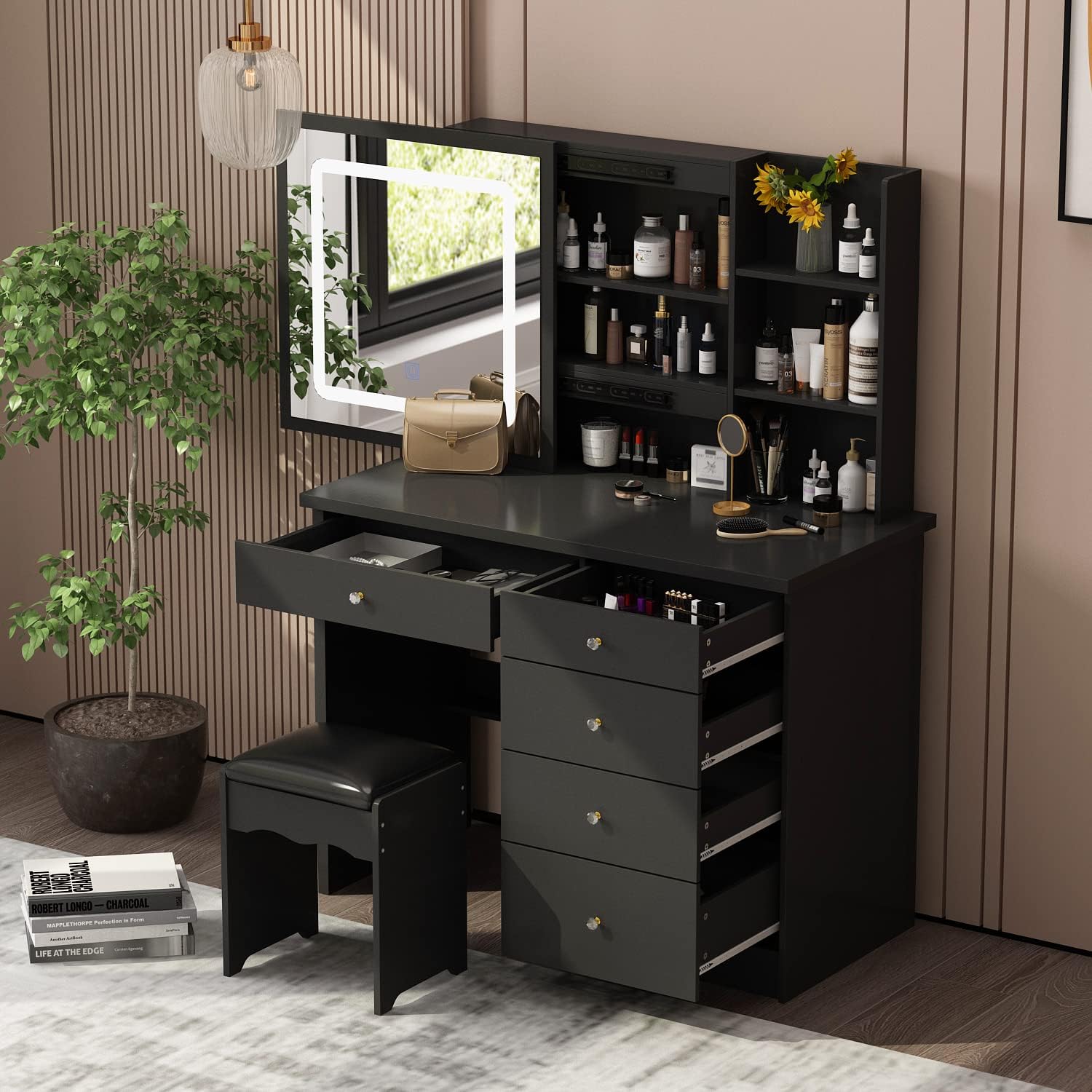 AIEGLE Vanity Desk Set with Lighted Sliding Mirror, 3 Colors LED, Makeup Drawer Dressing Table with Hidden Shelves & Cushioned Stool, Black