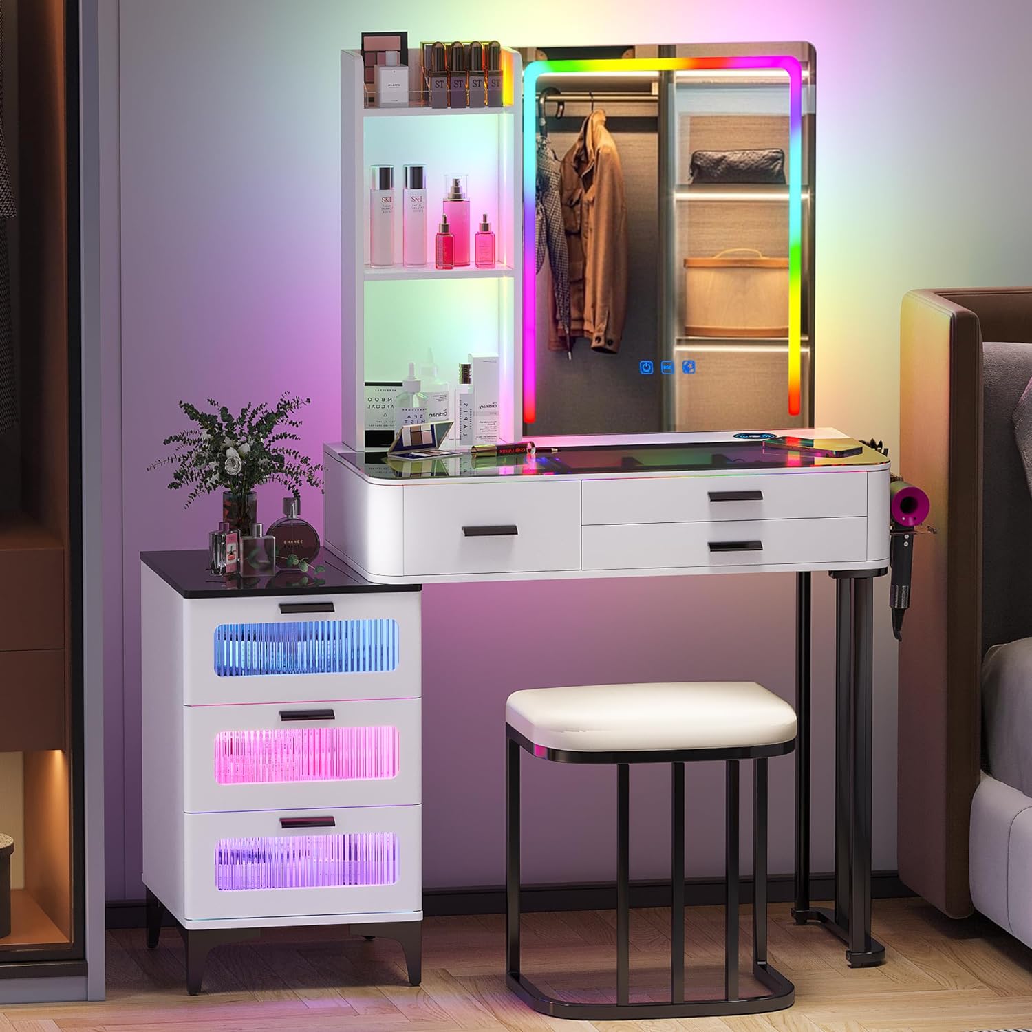 Makeup Vanity Table with RGB Lights & Charging Station, Auto Sensor LED Dressing Table with 24 RGB Dimmable Lights,Makeup Desk with Storage Shelves and 6 Drawers