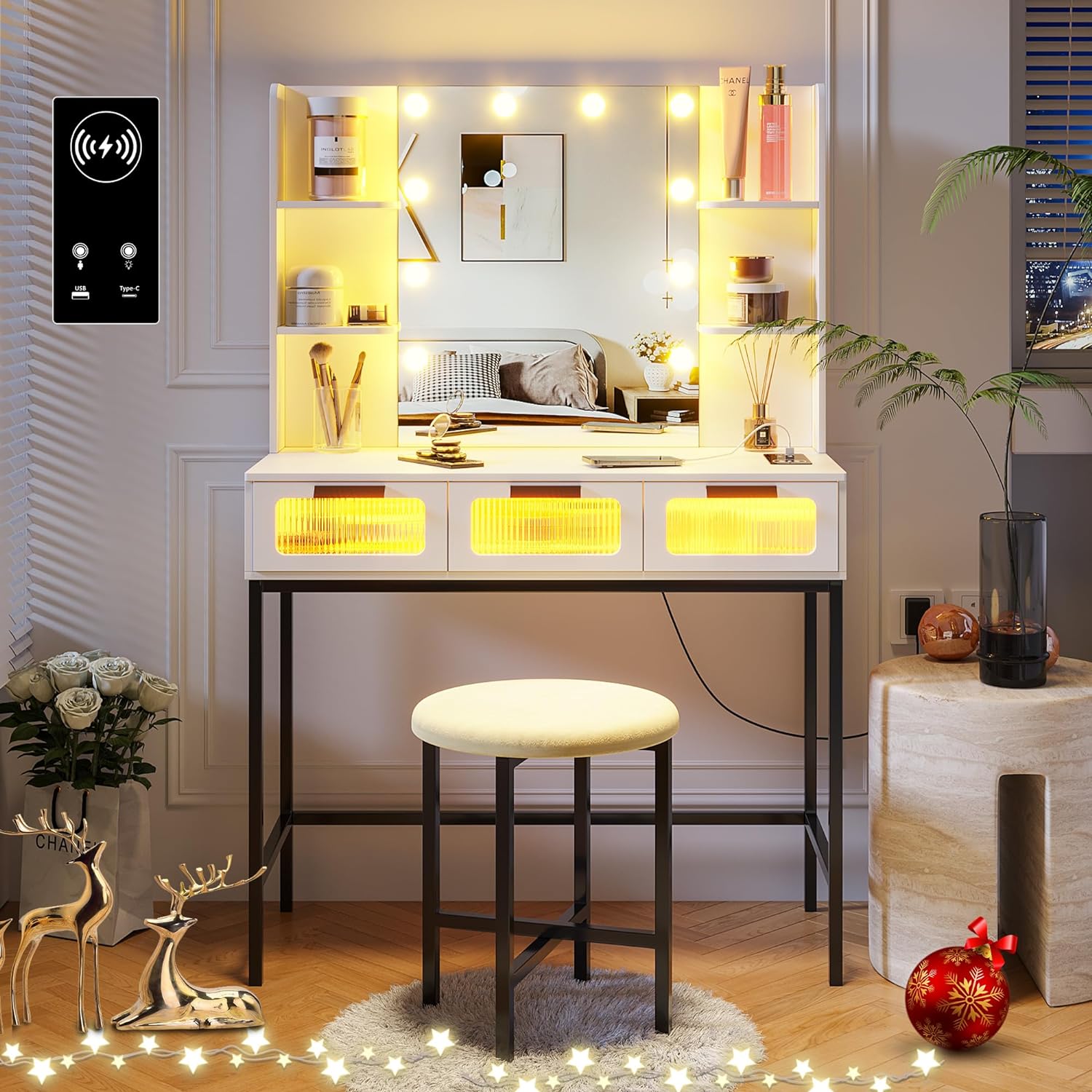 HNEBC Vanity with Lights, Makeup Vanity with Charging Station,LED Vanity Desk with Mirror and 10 Bulbs, Make Dedk with 3 Drawers/Stool, with Senser Mode Dressing Table, White