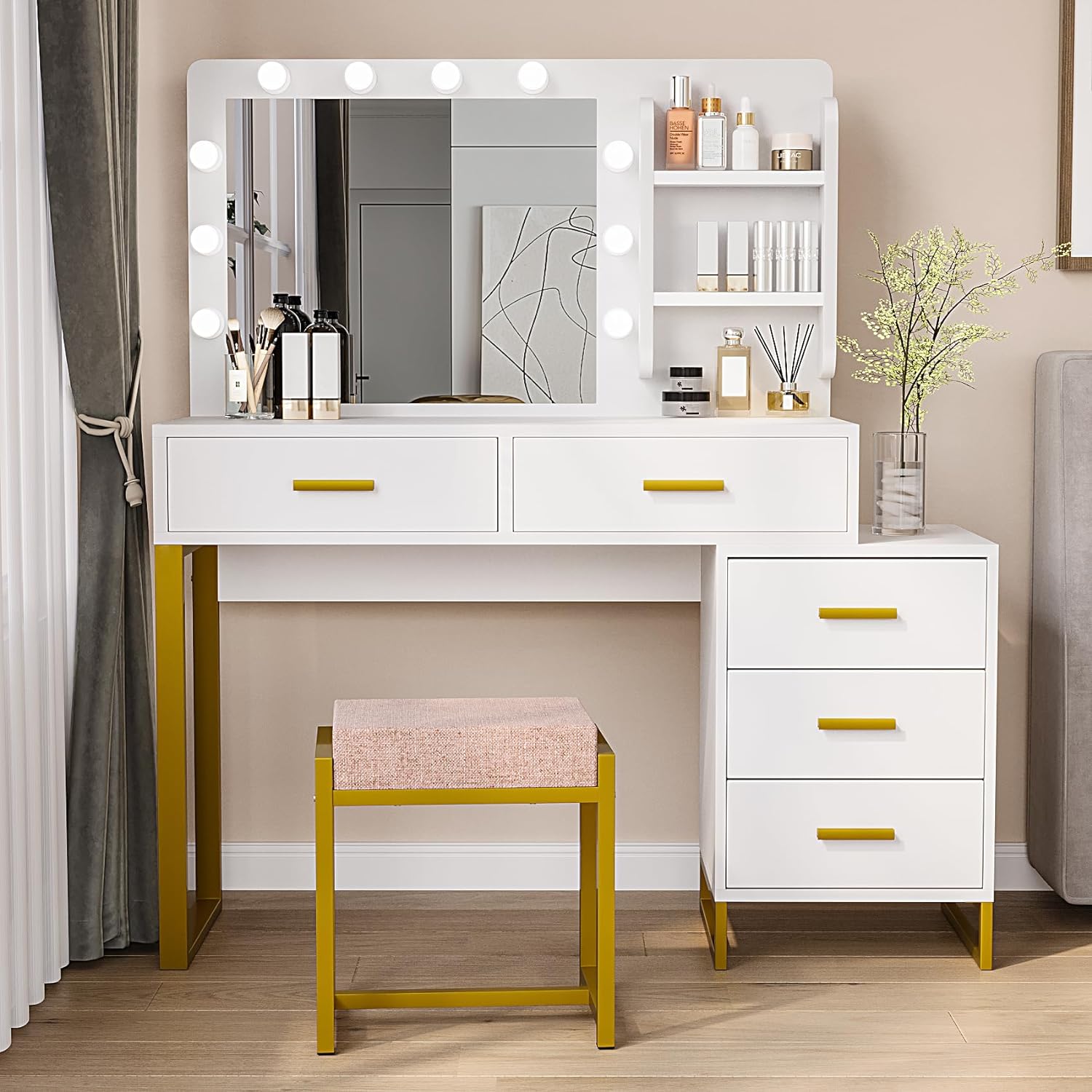 Semiocthome Makeup Vanity Desk with 10 LED Lights Mirror and 5 Drawers, 2 Open Shelves Dressing Table with Side 3-Drawer Chest, 39.4(L) Girls Vanity Table Set with Cushioned Stool for Bedroom - White