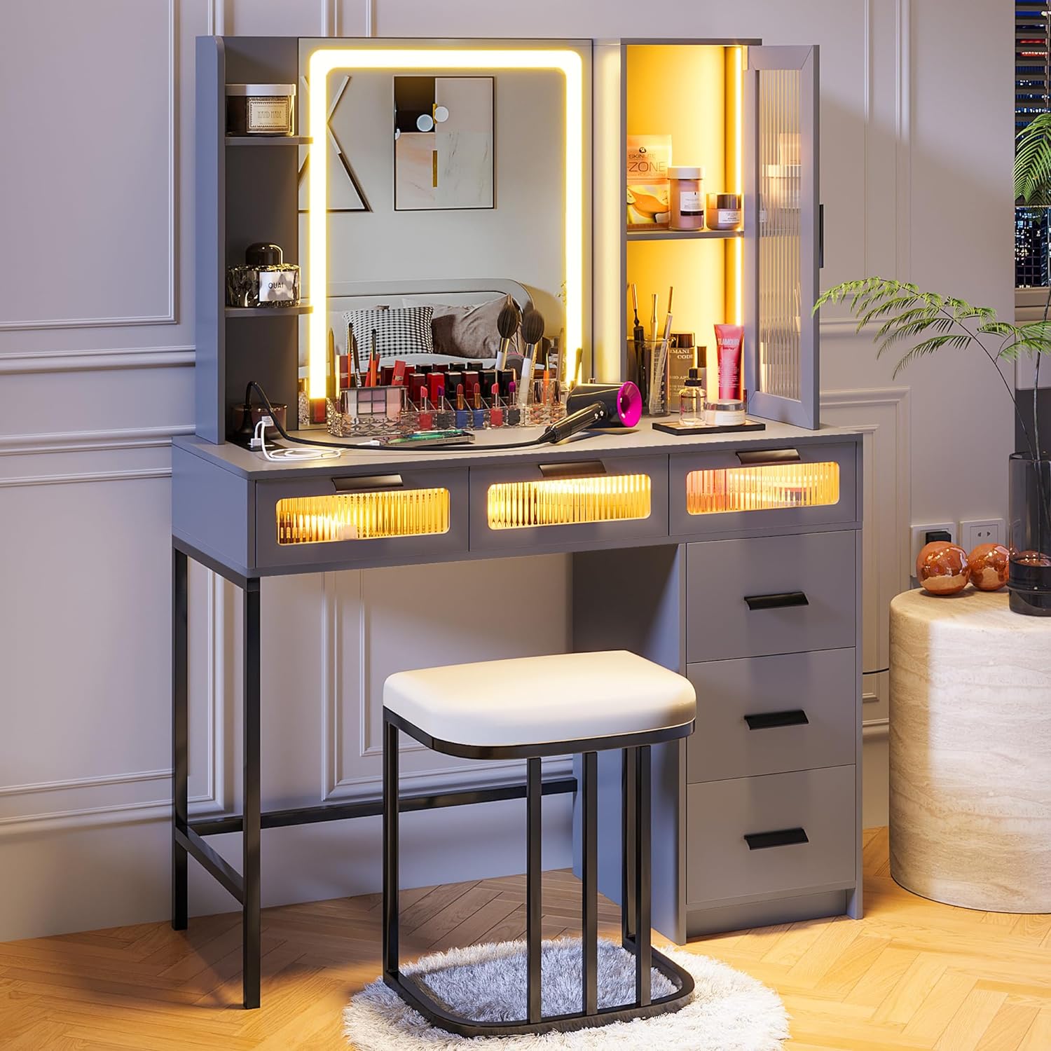 HNEBC Makeup Vanity with Lights, Vanity Makeup Desk with Charging Station,Vanity Table Set with LED Mirror, Vanitys with 6 Drawers/Stool, with Senser Mode Dressing Table as Gifts for Girls/Women,Grey