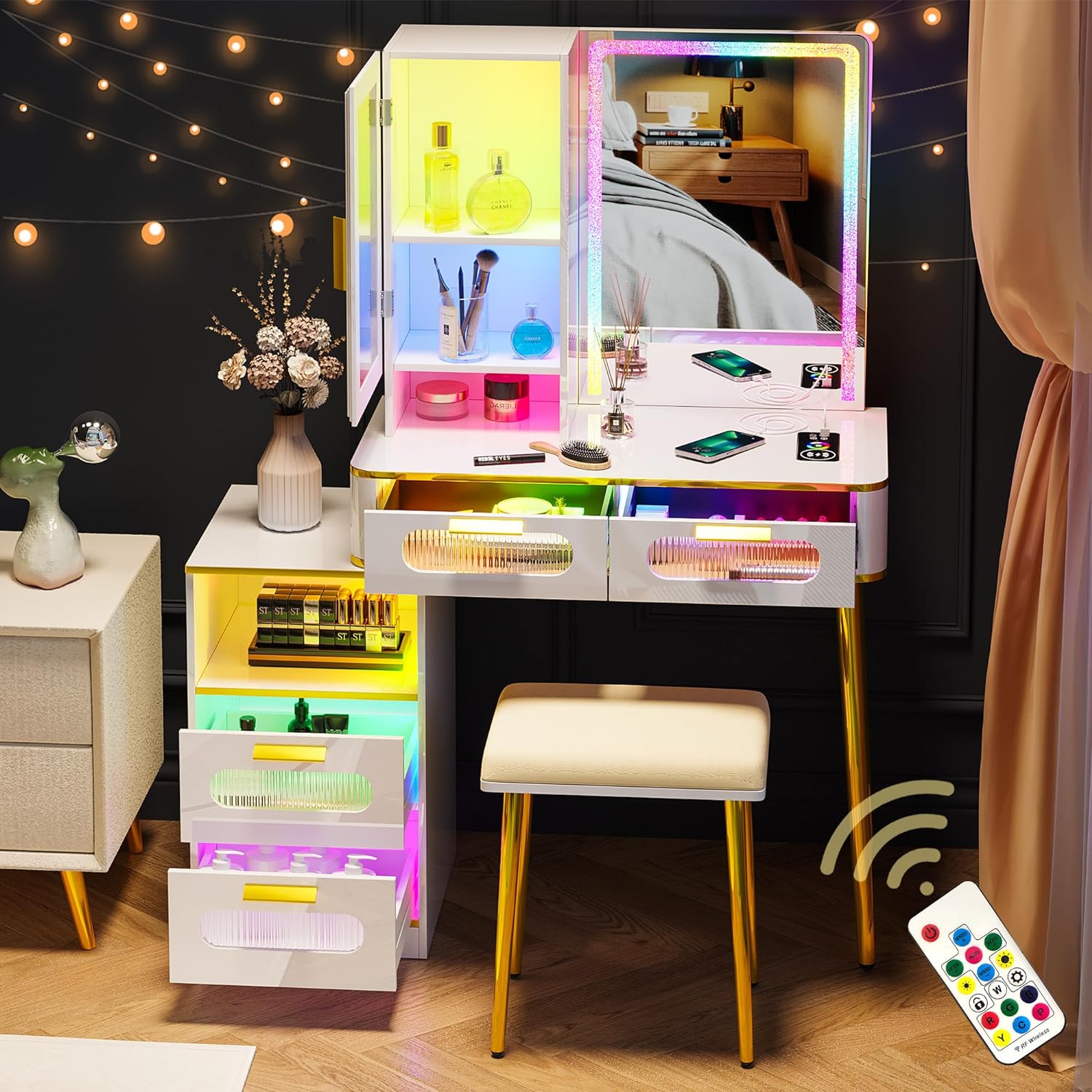 RGB LED Vanity Desk, Retractable Makeup Dressing Table with Nightstand and Lighted Mirror, White Makeup Vanity with Body Sensor Light & Charging Station, Vanity Table with Jewelry Organizer