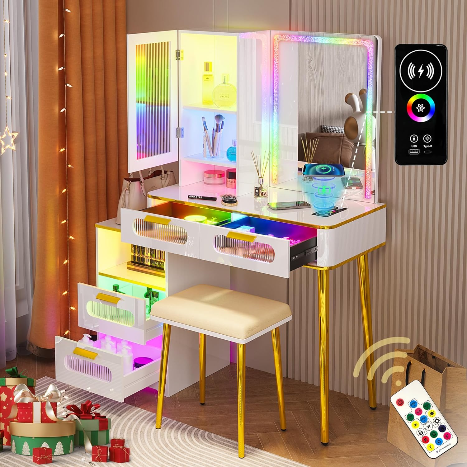 HNEBC RGB Vanity Desk with Mirror and Lights, LED Vanity Table Set with Wireless Charging Station/Body Sensor, Make up Vanity with Drawers for Bedroom, Makeup Desk as Gifts for Women,White