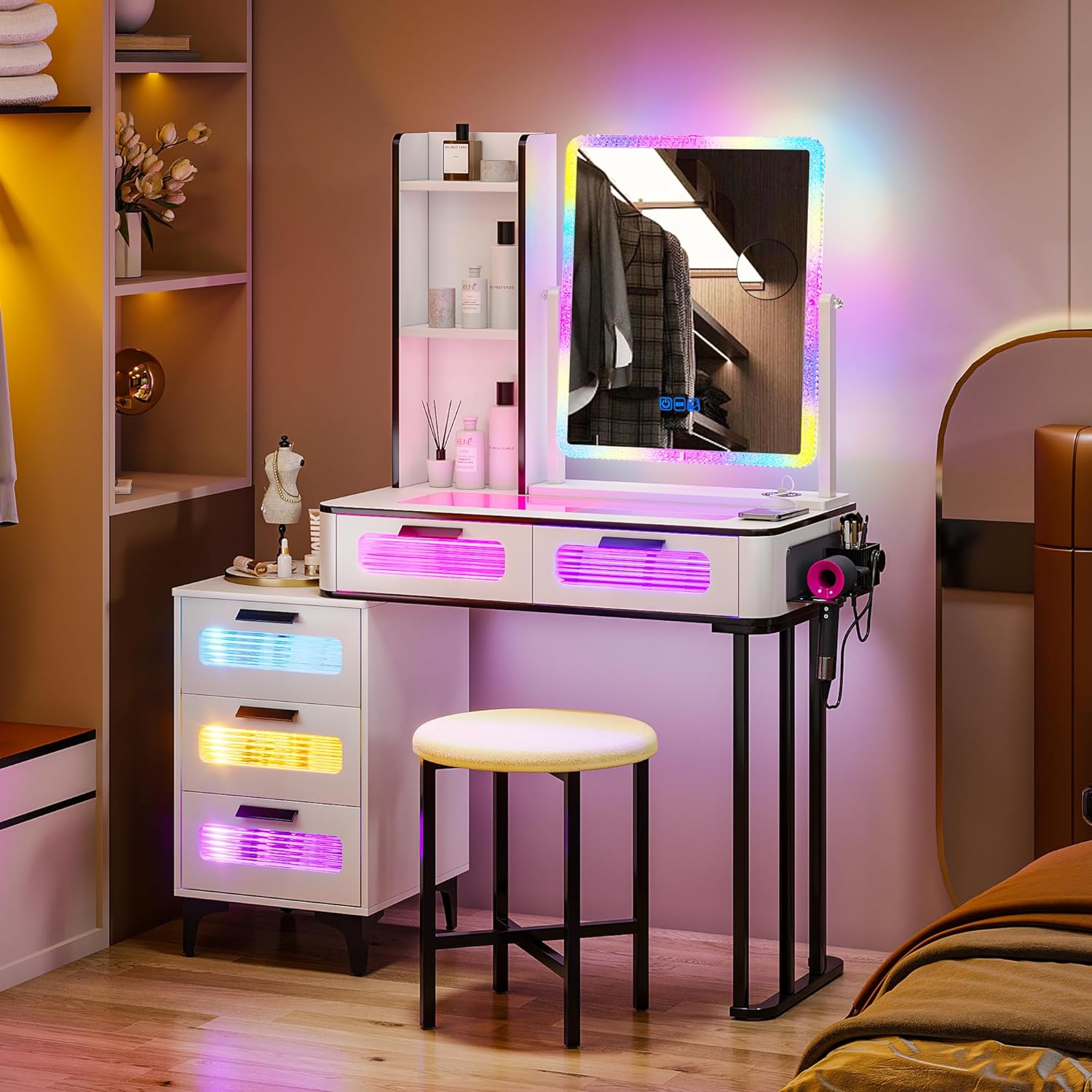 RGB Makeup Vanity Table with Wireless Charging Station,LED Vanity Make up with USB Ports,7 Dynamic and 7 Static Dimmable Vanity Table Set with 5 Drawers and Cosmetics Storage Box