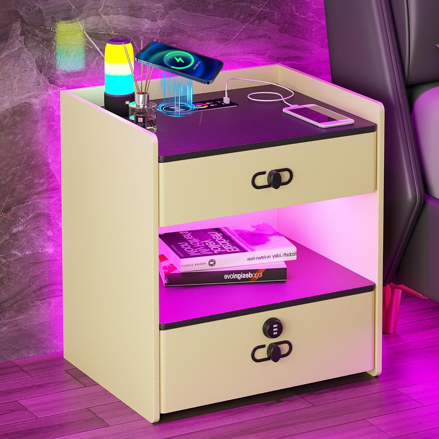 LED Nightstand with Charging Station, Night Stand has 24 Color RGB Light, Smart Bedside Tables with Wireless/USB/Type-C, End Table with Human Body Sensor  2 Drawers for Bedroom (Yellow)