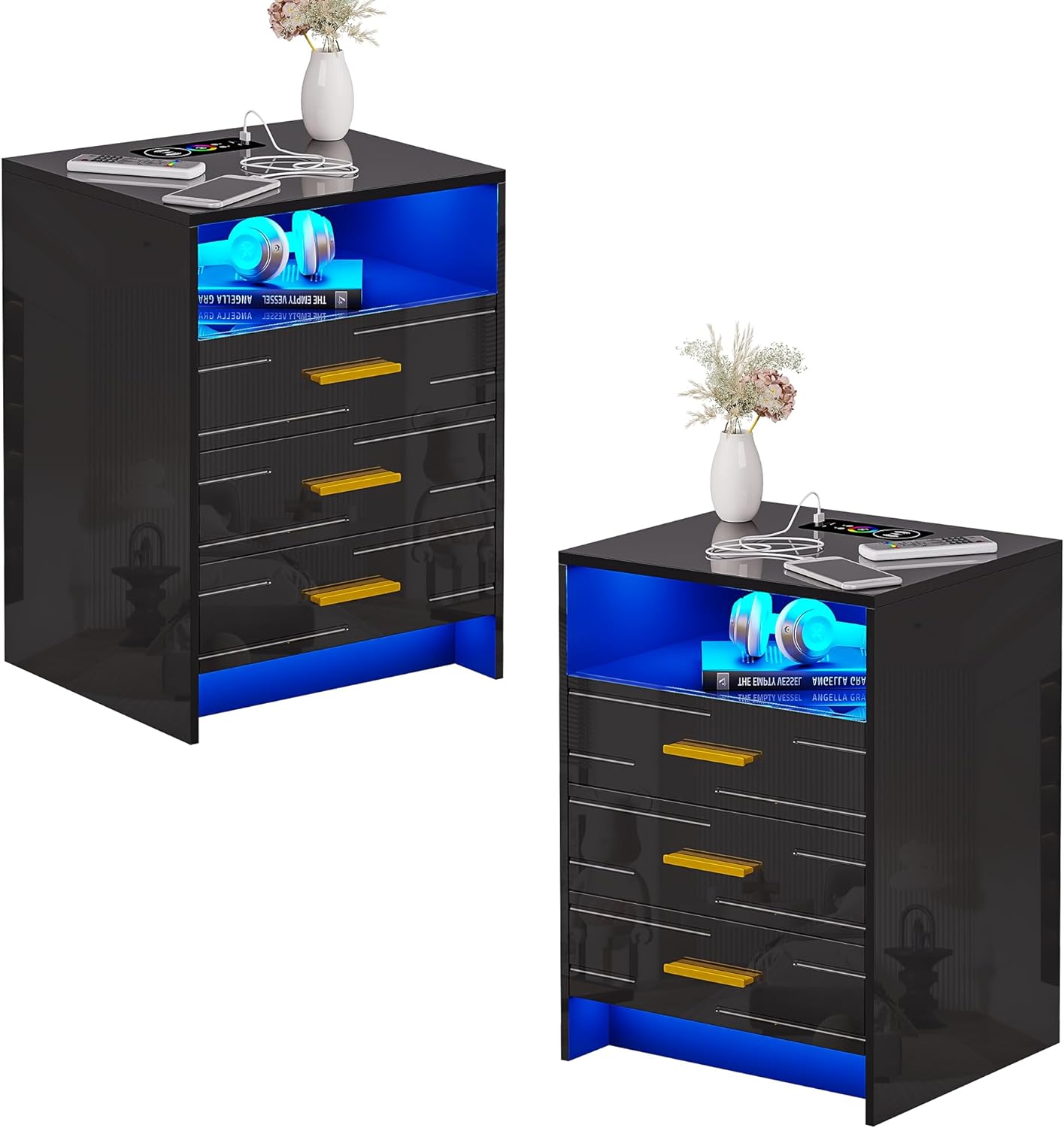 LED Nightstands Set of 2, High Gloss Night Stands with Charging Station24 Color Lights, Bedside Tables has 3 Drawers for Bedroom/Living Room/Office, USB PortWireless (2PC,Black)