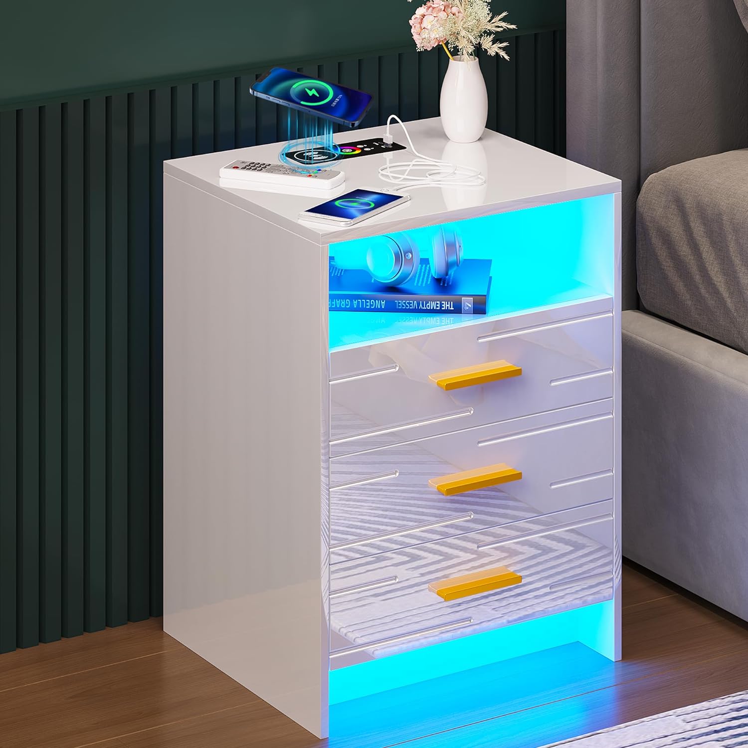 LED Nightstand with Charging Station, High Gloss White Night Stands with 24 Color Lights, Human Body Induction Bedside Table has 3 Drawers for Bedroom/Living Room/Office(White)