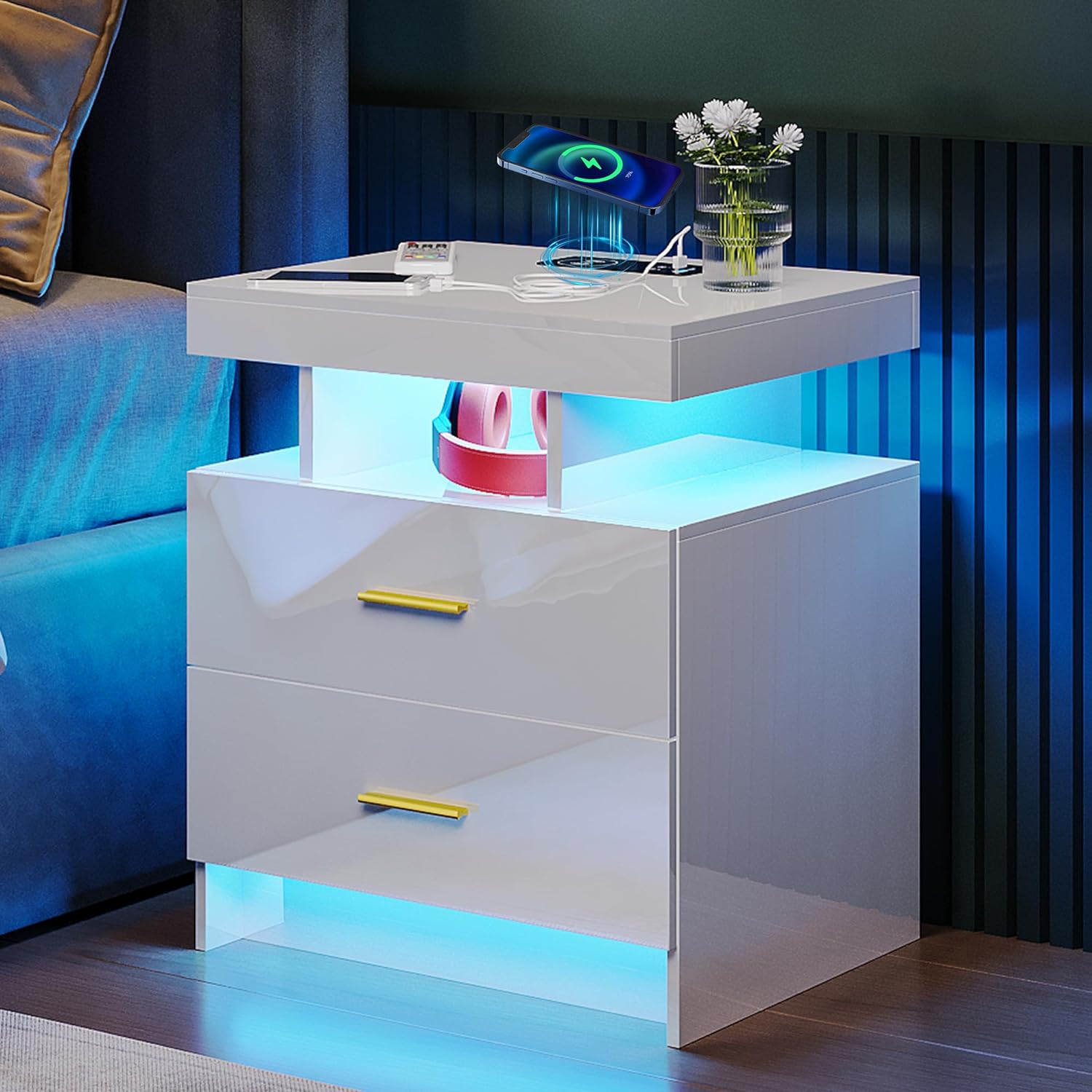 LED Nightstands with Charging Station, High Gloss Night Stand with Human Sensor, Bedside Tables with 2 Drawers, Nightstand with USB/Type-C/Wireless for Bedroom/Living Room(White, 1PC)