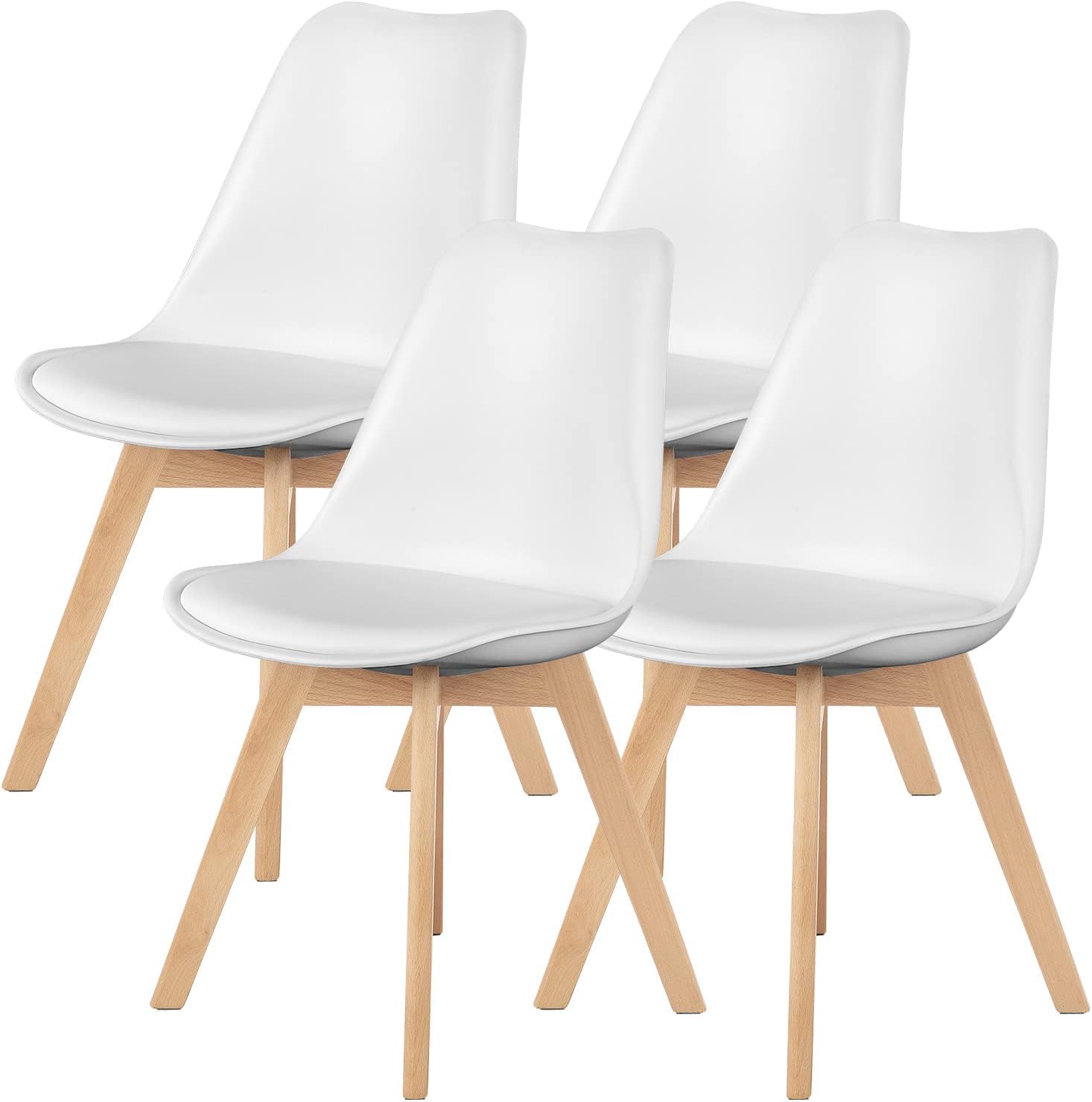 Sweetcrispy Dining Chairs Set of 4, Mid Century Modern Dining Room Chairs, PU Leather Upholstered Chairs with Wood Legs, Living Room Bedroom Lounge Kitchen Chairs, White