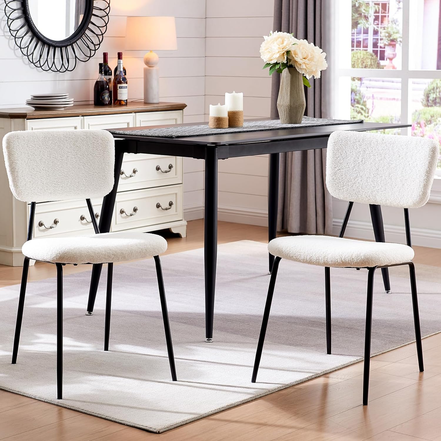 OAKHAM Dining Chairs Set of 2 Boucle Dining Chairs Modern Kitchen Chairs Upholstered Dining Chairs with Comfy Backrest and Strong Metal Legs for Kitchen and Dining Room.(White)