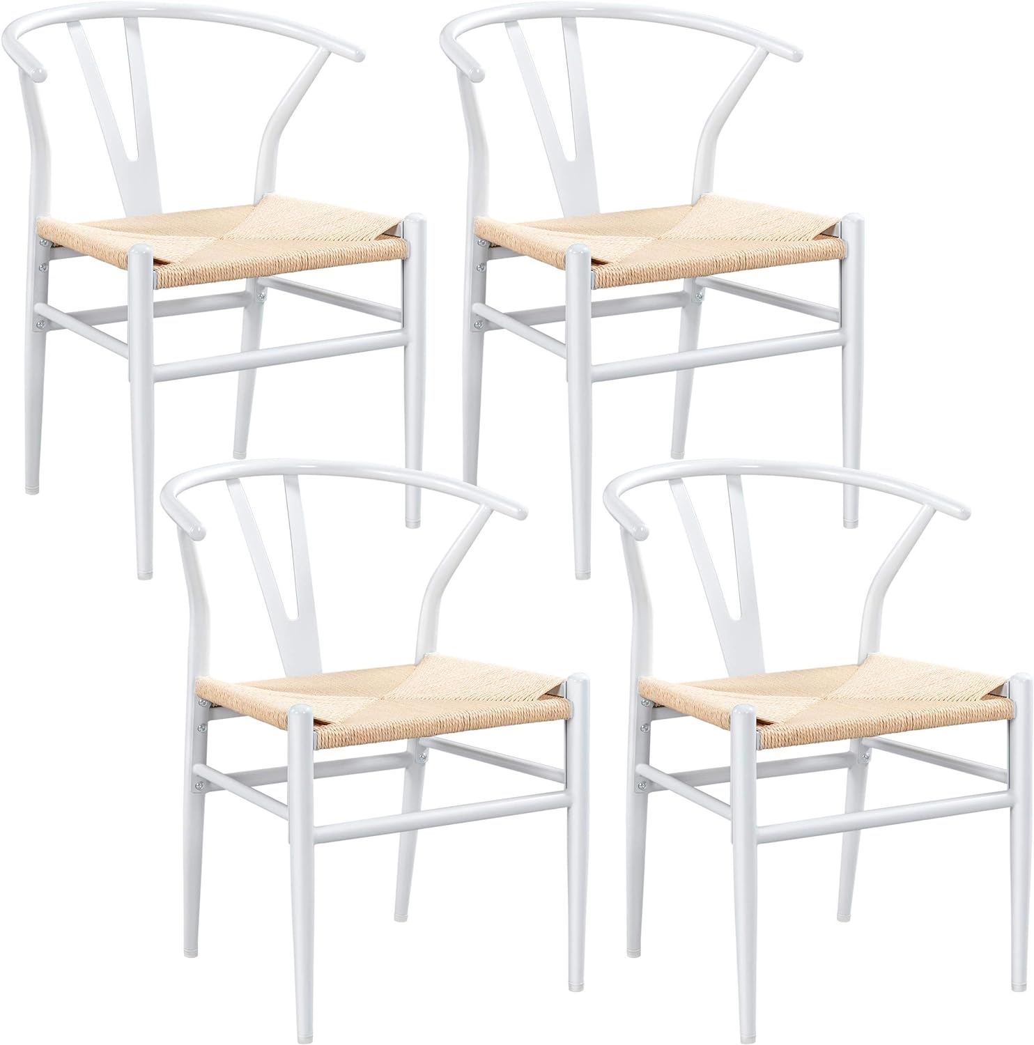 Yaheetech Metal Dining Chair Y-Shaped Set of 4 Weave Arm Chair Mid-Century Dining Room Chairs Backrest Hemp Seat, White