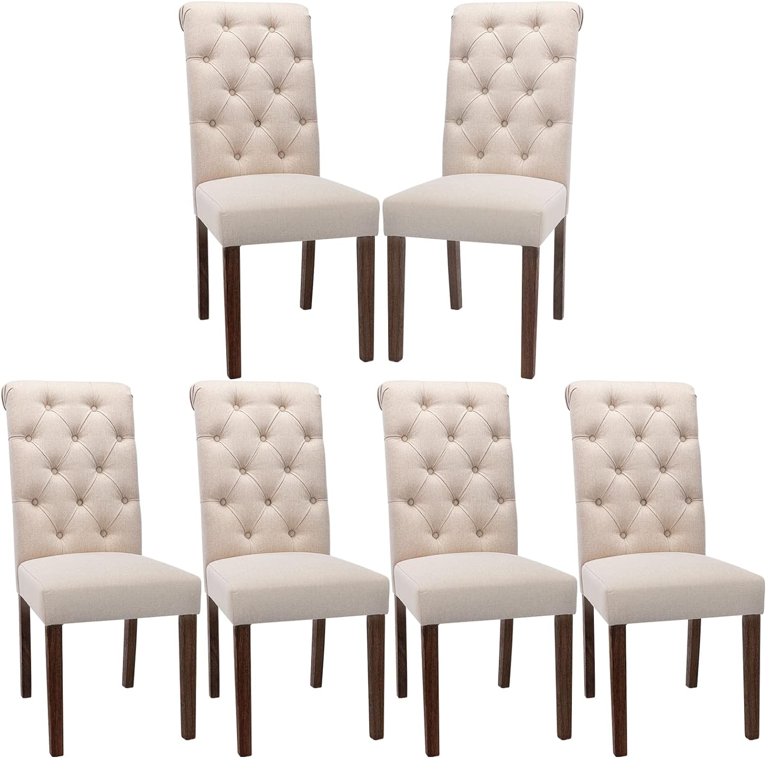 COLAMY Button Tufted Dining Chairs Set of 6, Accent Parsons Diner Chair Upholstered Fabric Dining Room Chairs Stylish Kitchen Chairs with Solid Wood Legs and Padded Seat - Dark Beige