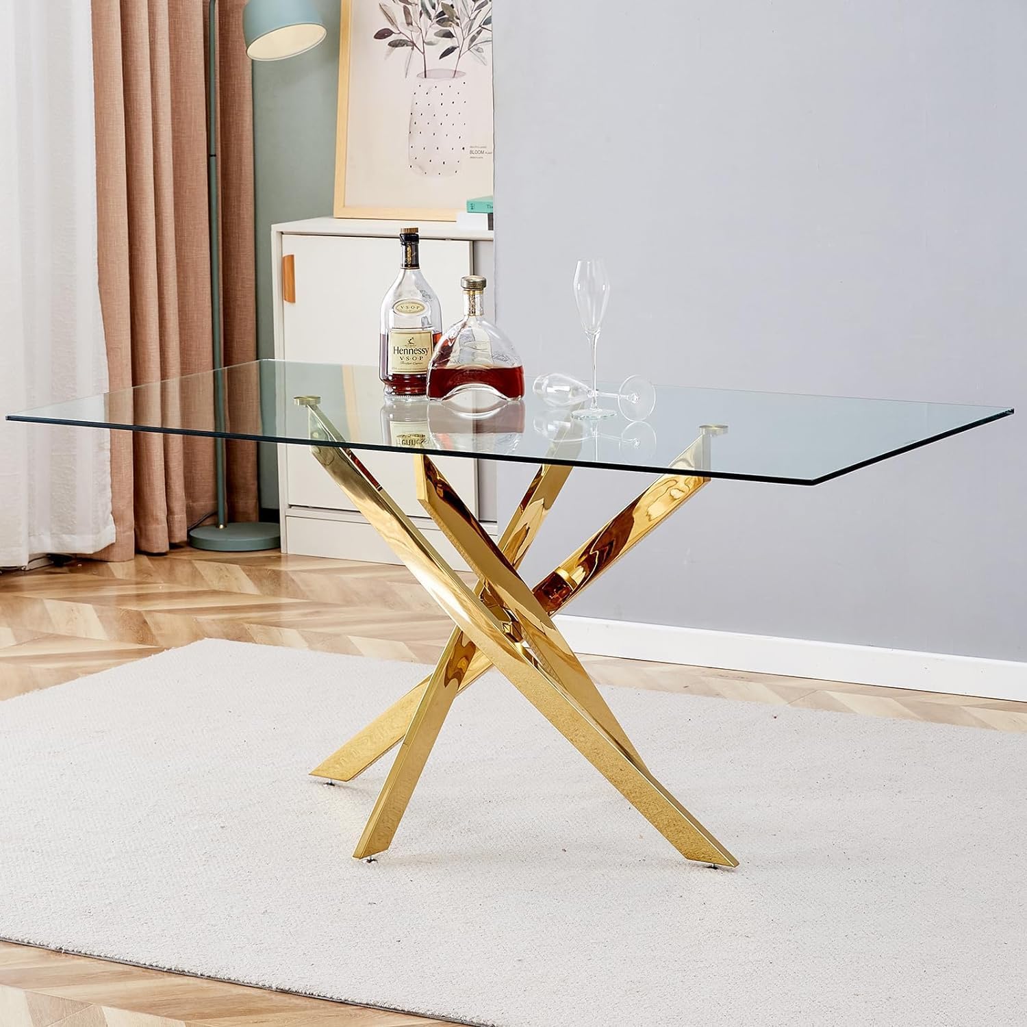 Modern 51in Glass Dining Table for 4-6, Contemporary Rectangular Kitchen Table with Tempered Glass Top & Gold Nest-Shape Stainless Steel Legs, Glass Kitchen Dining Room Table Meeting Table