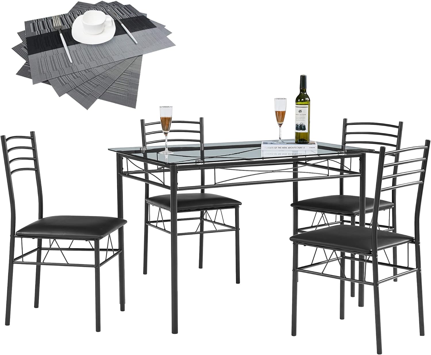 VECELO Dining Table with 4 Chairs [4 Placemats Included, Black, 43.3x27.5x30, 15.7x16.9x33.8