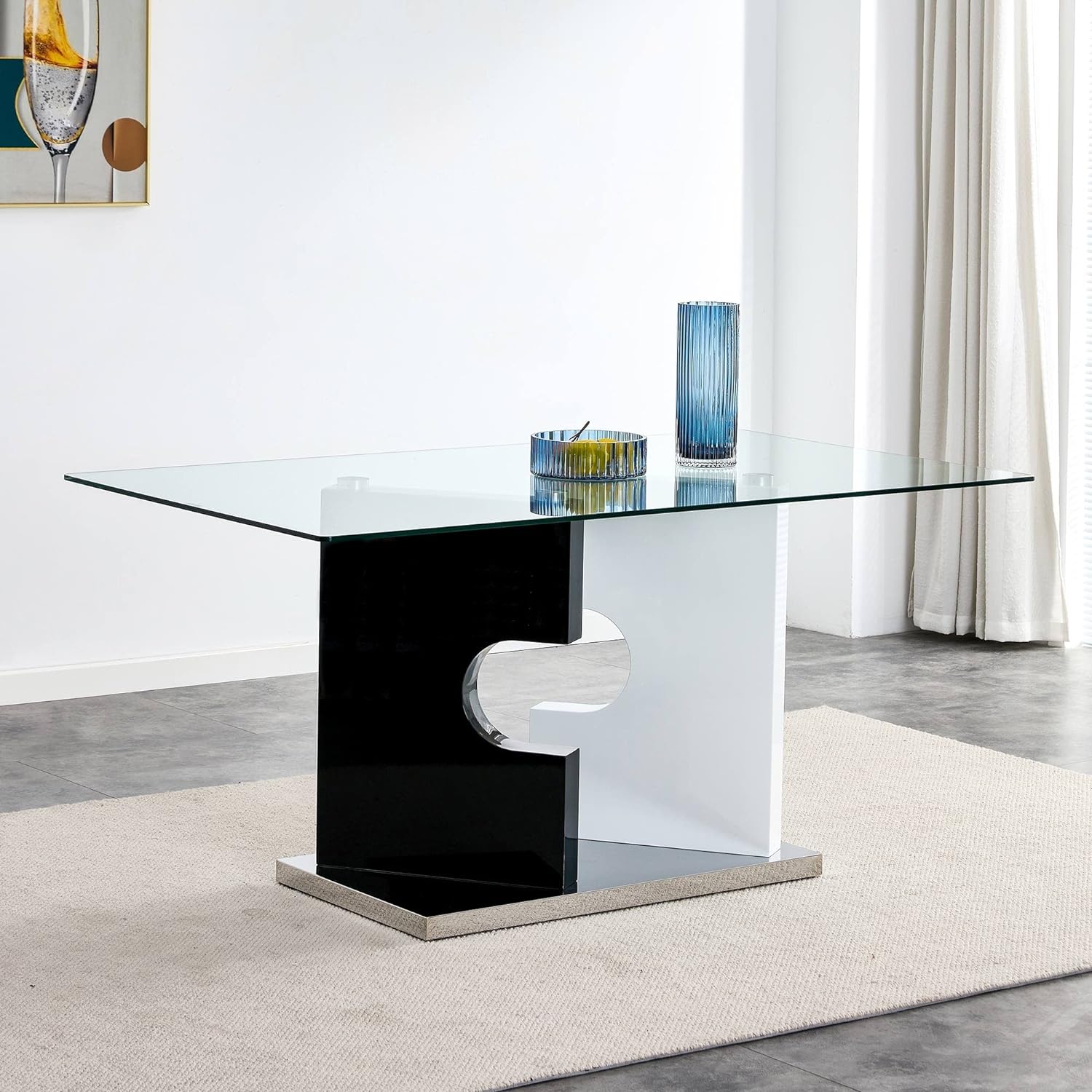 Glass Modern Large Minimalist Rectangular Dining Table for 6-8 with 0.39 Tempered Tabletop and MDF Slab Special-Shaped Bracket