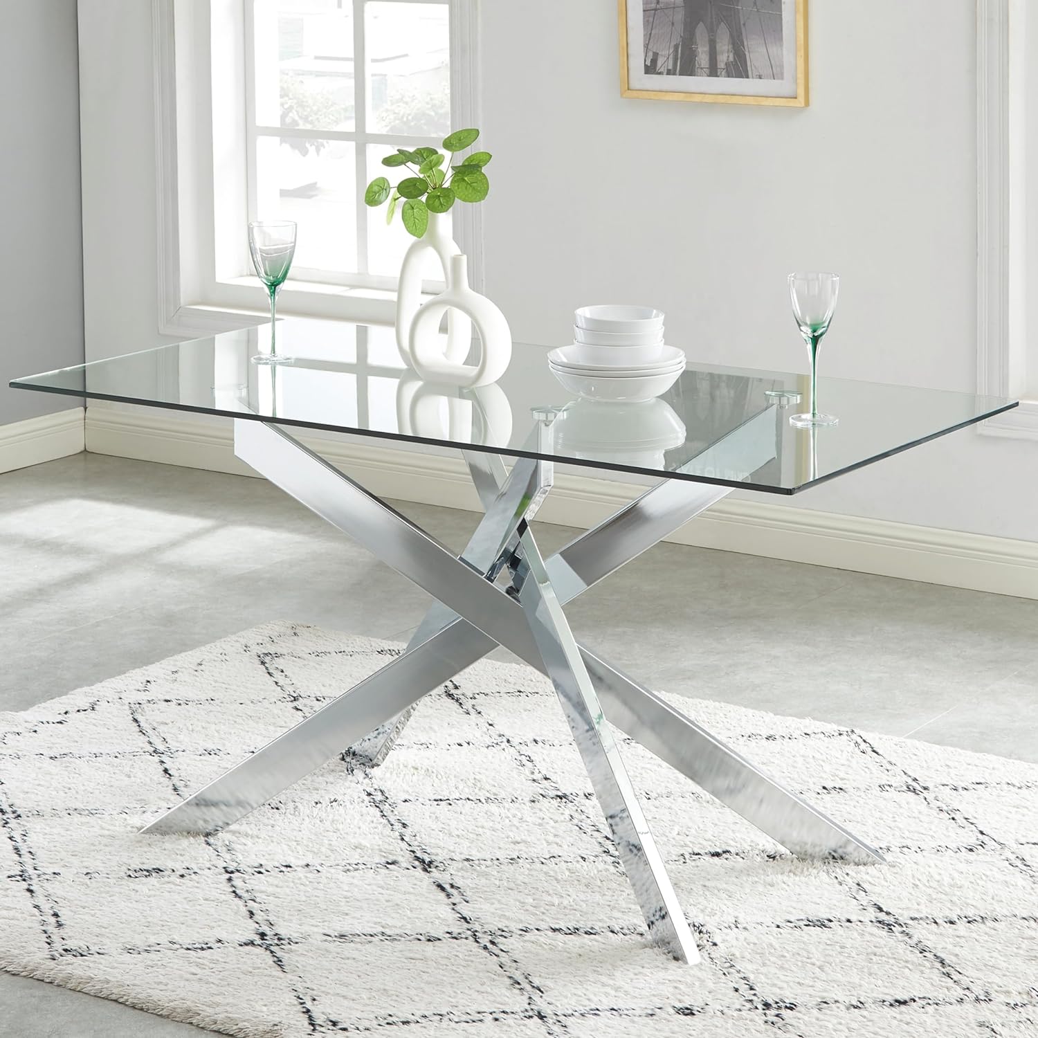 Edwin' Choice 58.5 Rectangle Glass Dining Table, Tempered Glass Tabletop and Metal Tubular Legs, Modern Style Table for Home, Kitchen, Dining Room 58.5Lx29Wx30H, Silver