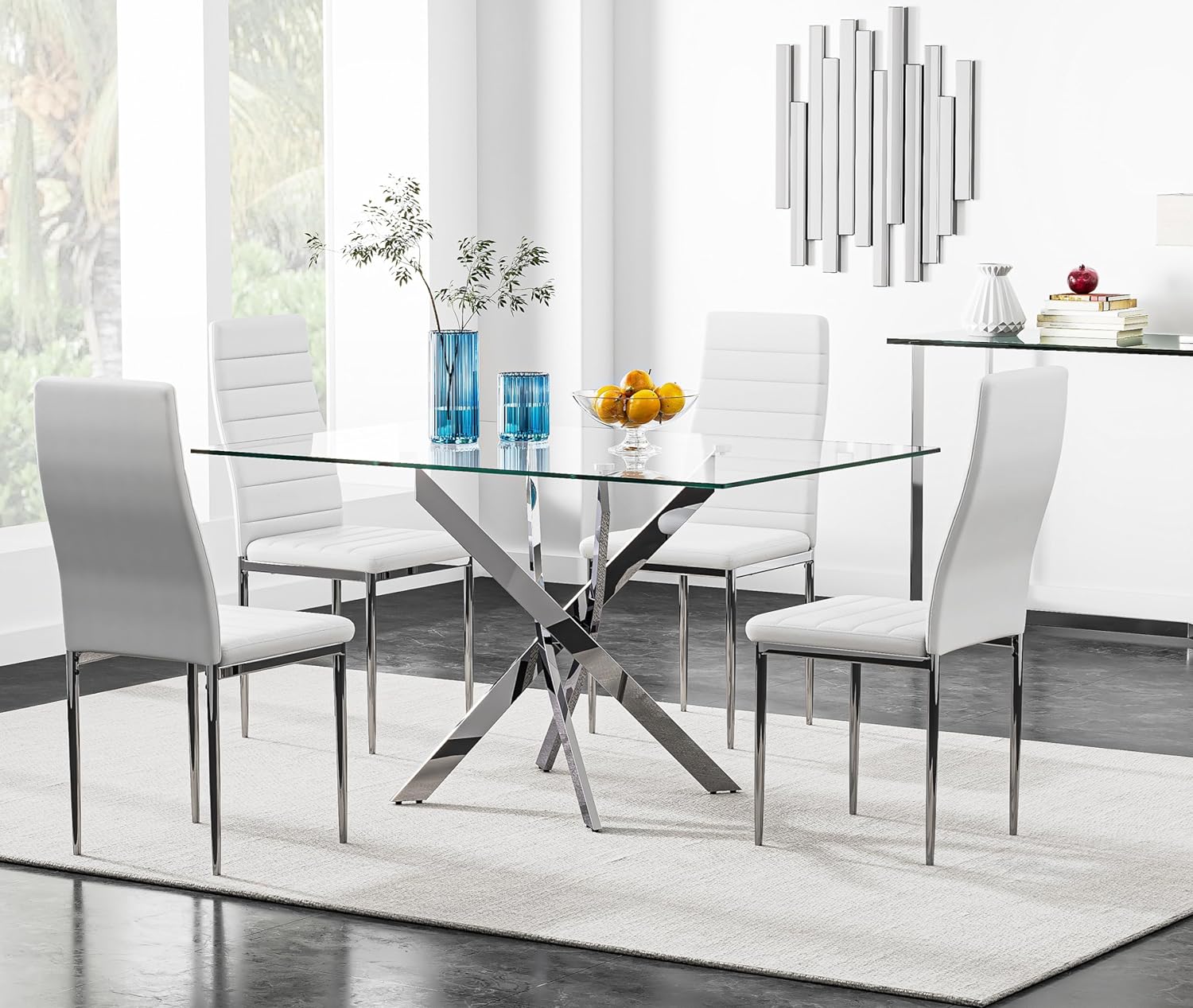 5 Piece Dining Table Table Set, Glass Dining Table Set for 4 Kitchen Table Set with 4 upholstered Chairs for Kitchen Dining Room (Sliver Table with White Chair)