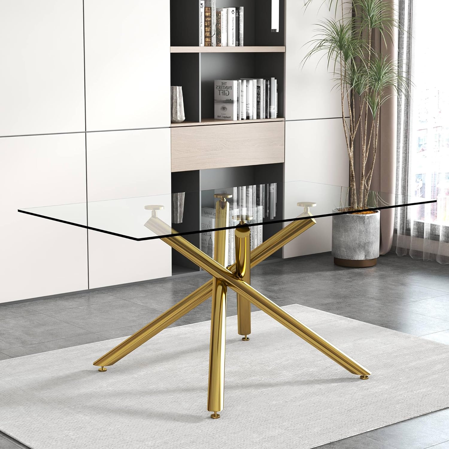 71'' Glass Dining Table for 6-8,Contemporary Dinning Room Table,Tempered Glass Top Kitchen Tables with Gold Metal Base, for Office,Living Room,Meeting Room,Guest Room (Gold 1)