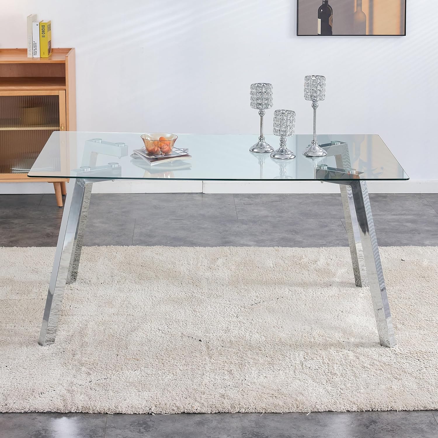 Modern Minimalist Rectangular Dining Table with Tempered-Glass Tabletop Metal Legs Suitable for 4-6 People,Transparent Silver