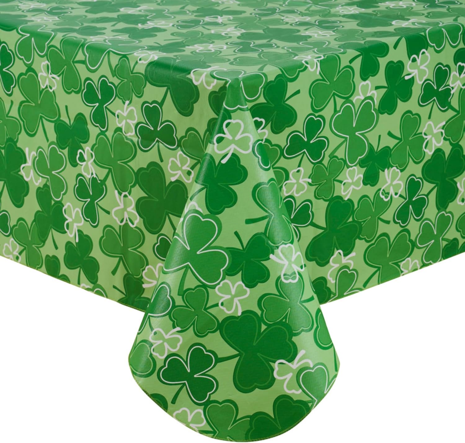 St. Patrick' Day Irish Vinyl Flannel Backed Tablecloth for Dining Room Kitchen Table Decor: St. Pat' Lucky Shamrock Clovers Green White Yellow Gold (St. Pats Traditional, 52 x 90)