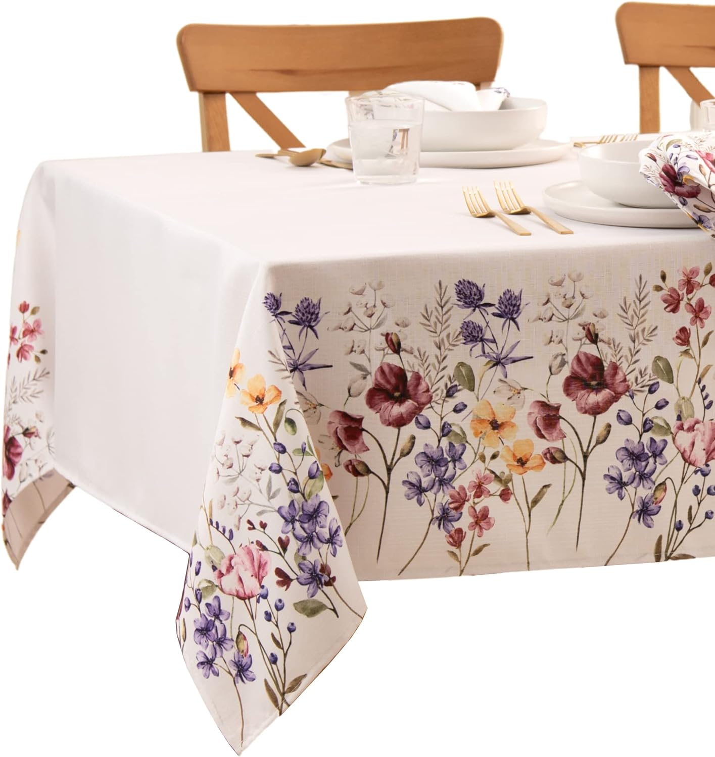 Elrene Home Fashions Poppy Wildflower Botanical Border Fabric Tablecloth, Rectangle, 60 inches X 84 inches