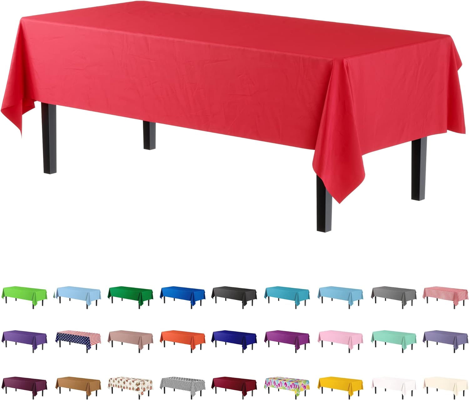 Exquisite 6-Pack Premium Plastic Tablecloth 54in. x 108in. Rectangle Plastic Table Cover - Red