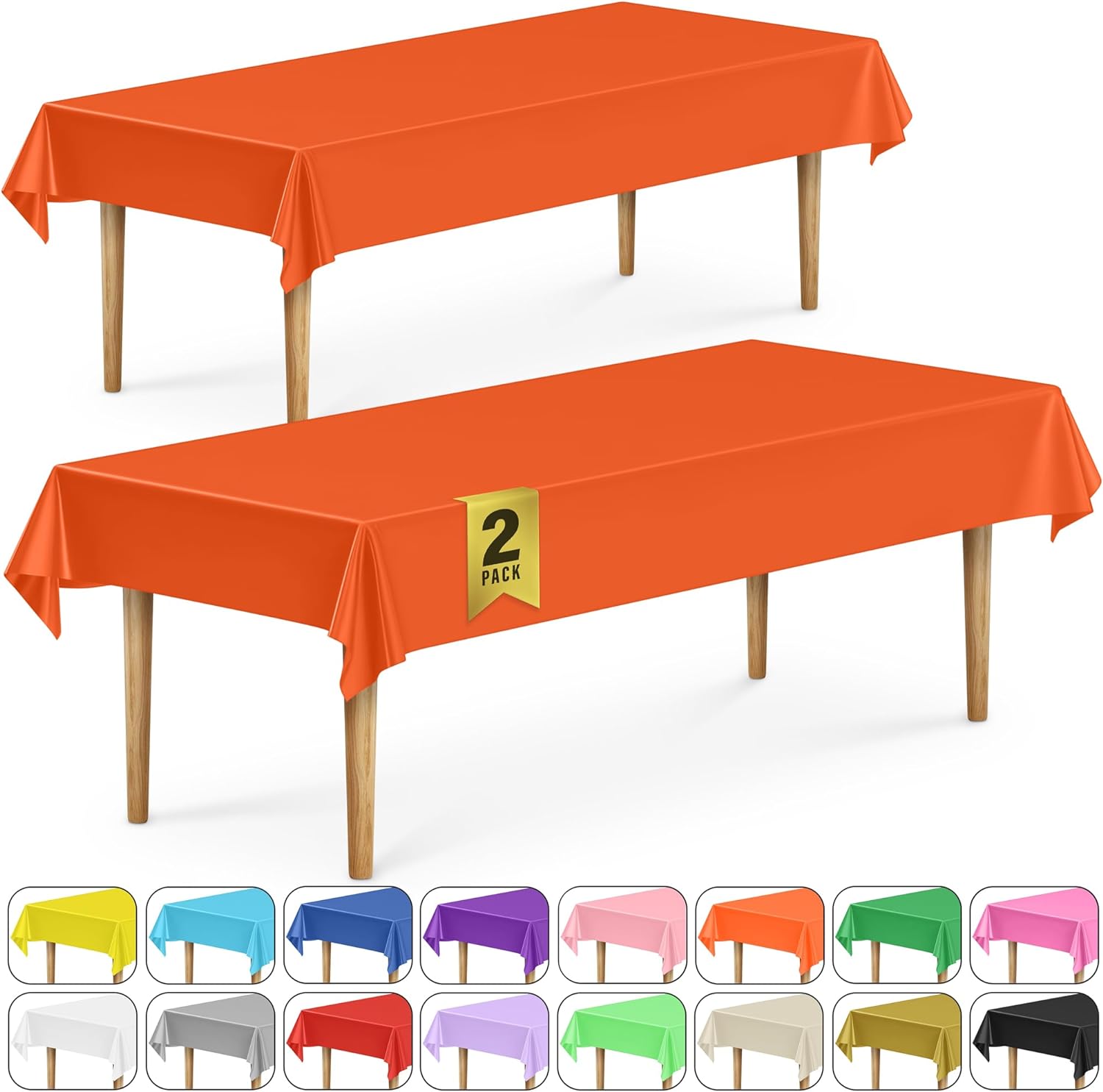 DecorRack 2 Rectangular Tablecloths -BPA- Free Plastic, 54 x 108 inch, Dining Table Cover Cloth Rectangle for Parties, Picnic, Camping and Outdoor, Disposable or Reusable in Bright Orange (2 Pack)