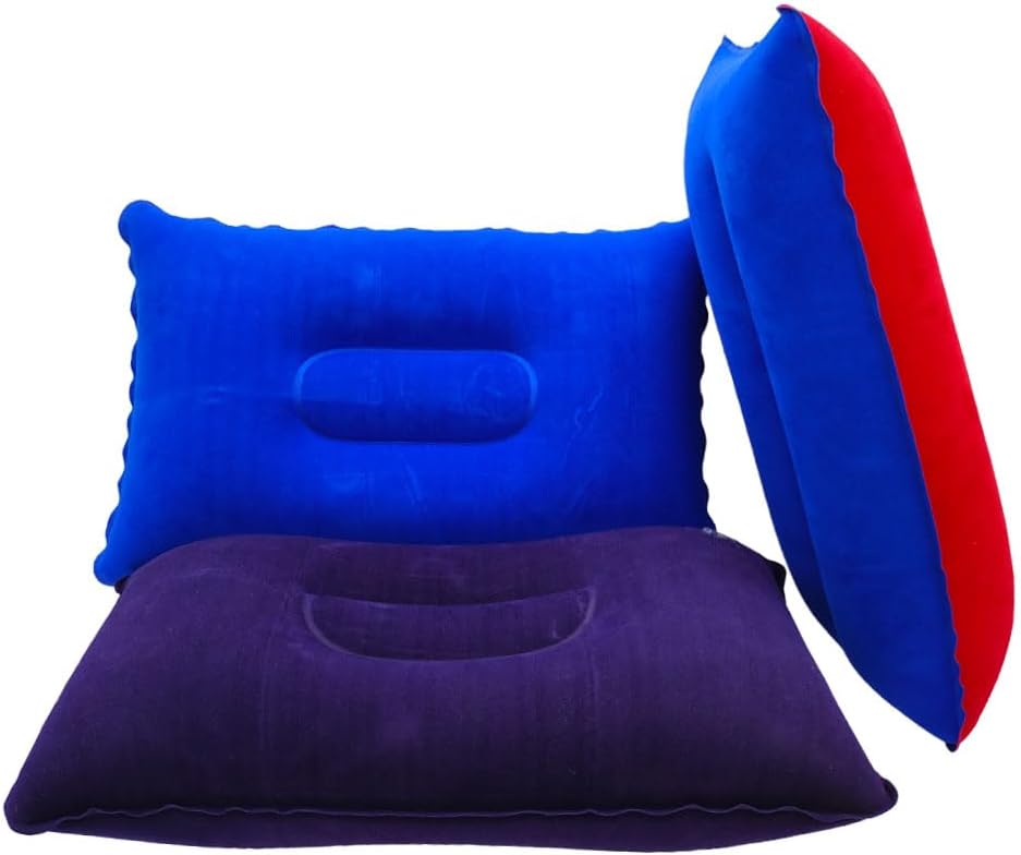 Camping Travel Pillow Small Squared Flocked Fabric Air Pillow, Compact, Comfortable and Ergonomic Inflatable Pillow, Used to Support Camping and Hiking (3 Pack Royal Blue, Purple, Duotone)