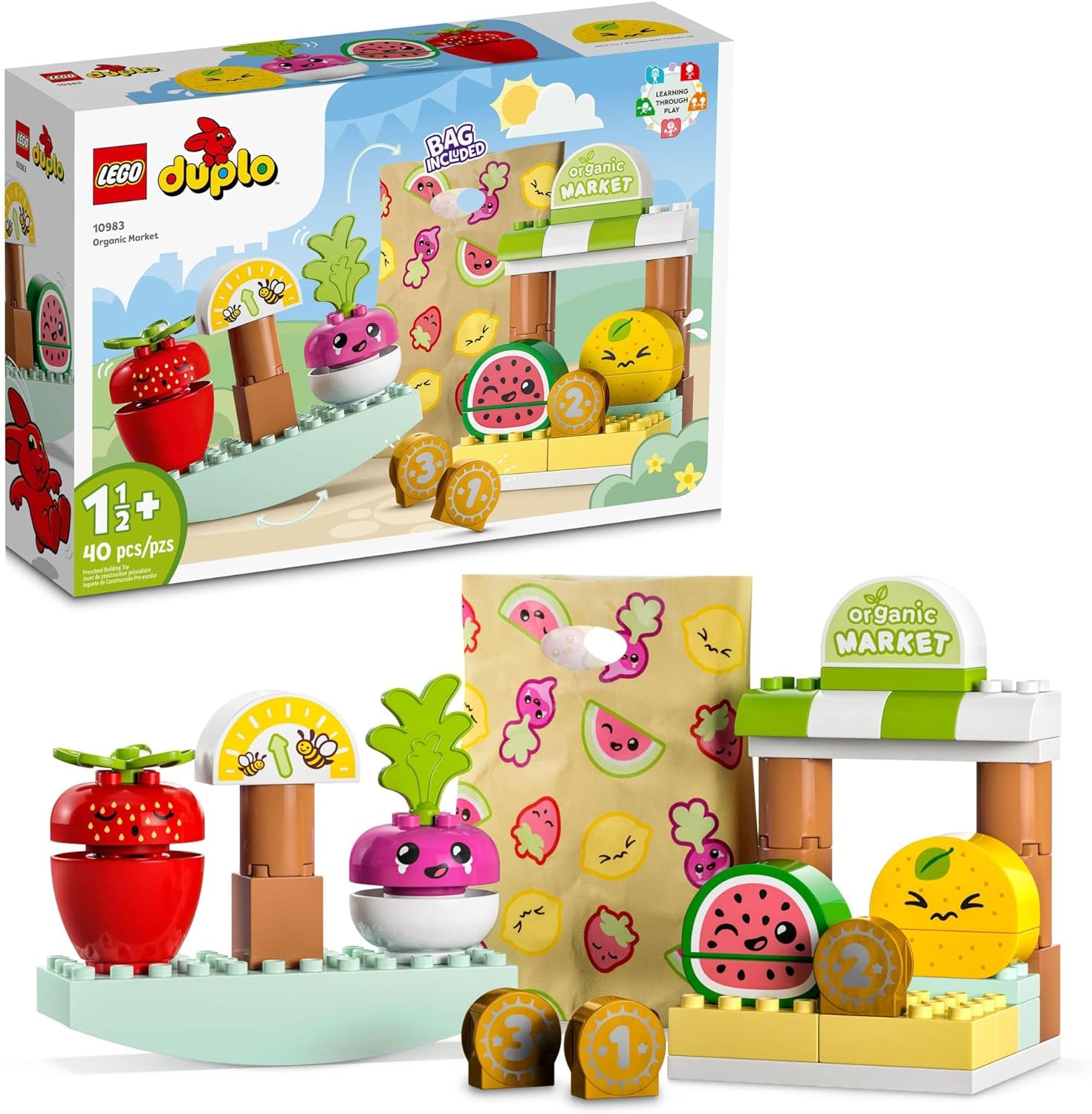 LEGO DUPLO My First Organic Market 10983, Fruit and Vegetables Toy Food Set, Learn Numbers, Stacking Educational Toys for Toddlers 18 Months - 3 Years Old