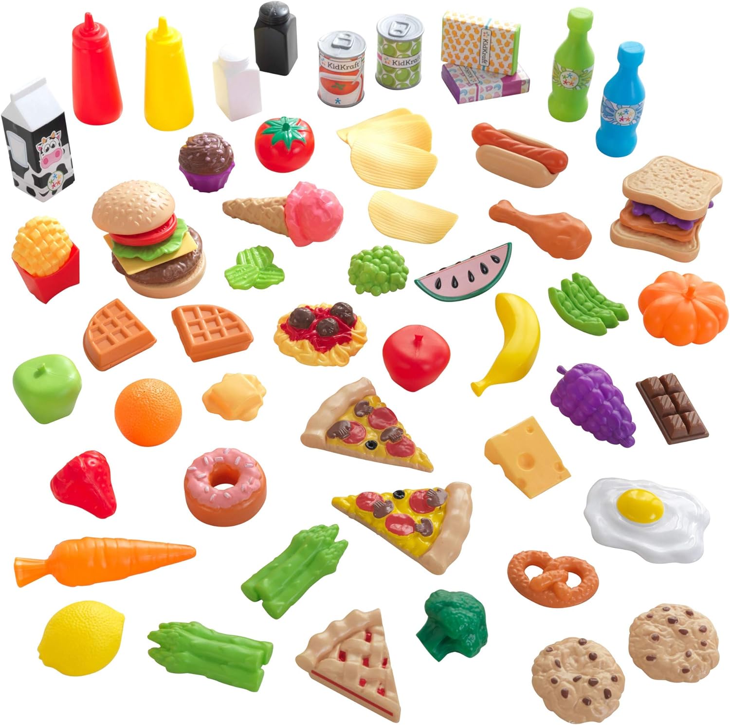 KidKraft 65-Piece Plastic Play Food Set for Play Kitchens, Fruits, Veggies, Sweets, Drinks and More, Gift for Ages 3 