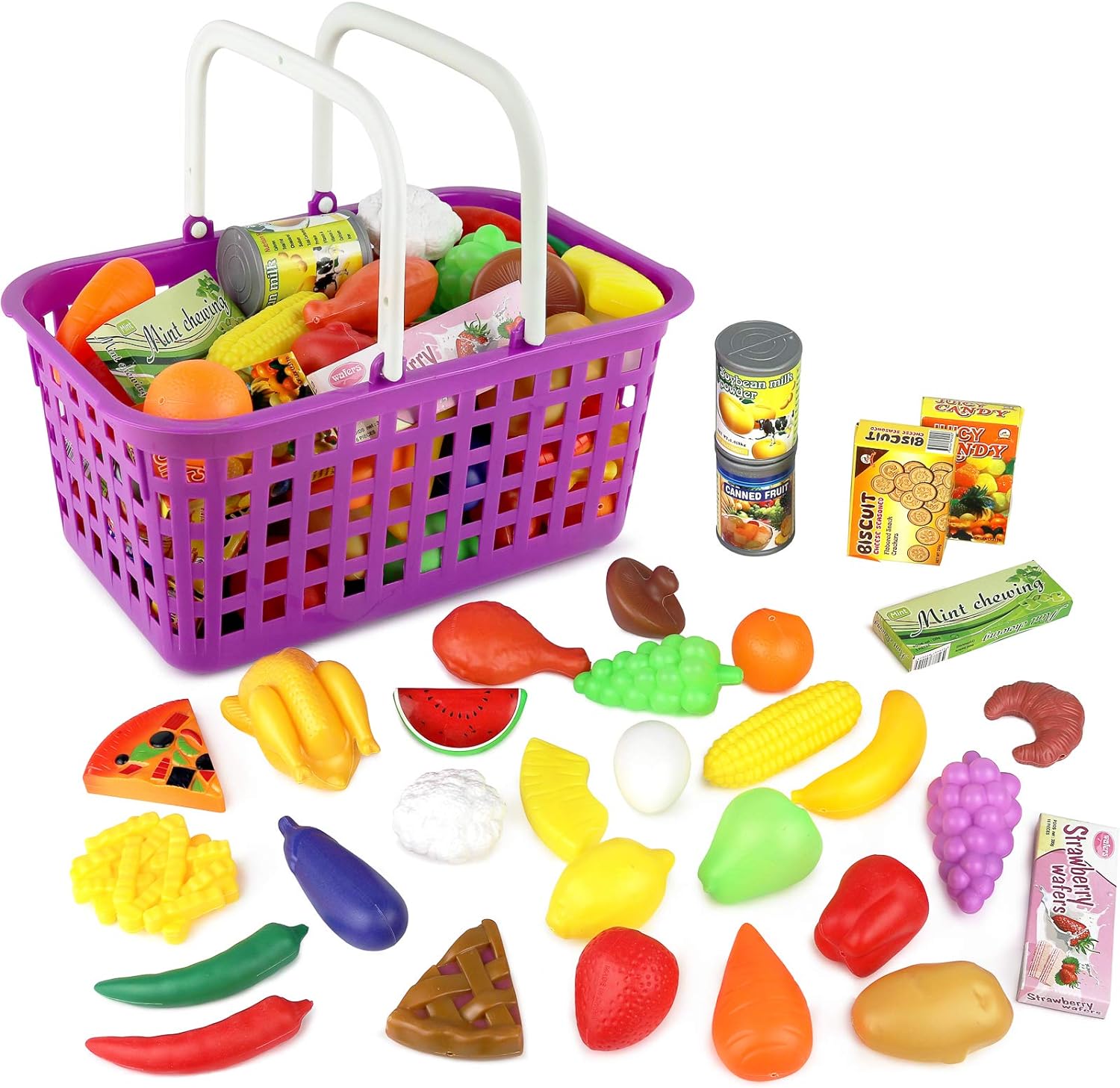 Click N' Play Pretend Food & Grocery Cart for Kids - Basket Toy Set for Kids & Toddlers 3 , 32pcs Plastic Fruits & Vegetables   Shopping Cart for Easy Storage - Play Store, Fake Food Play Set