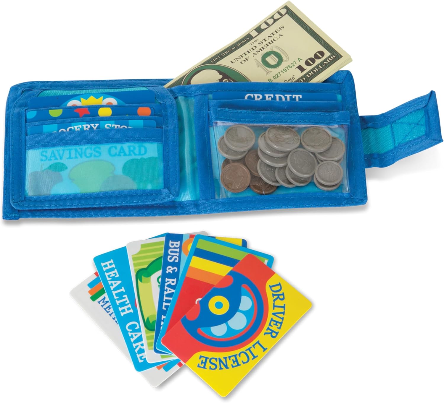 Melissa & Doug Pretend-to-Spend Toy Wallet With Play Money and Cards (45 pcs) , Blue - Shopping Toys, Play Wallet, Pretend Credit Cards For Kids Ages 3 