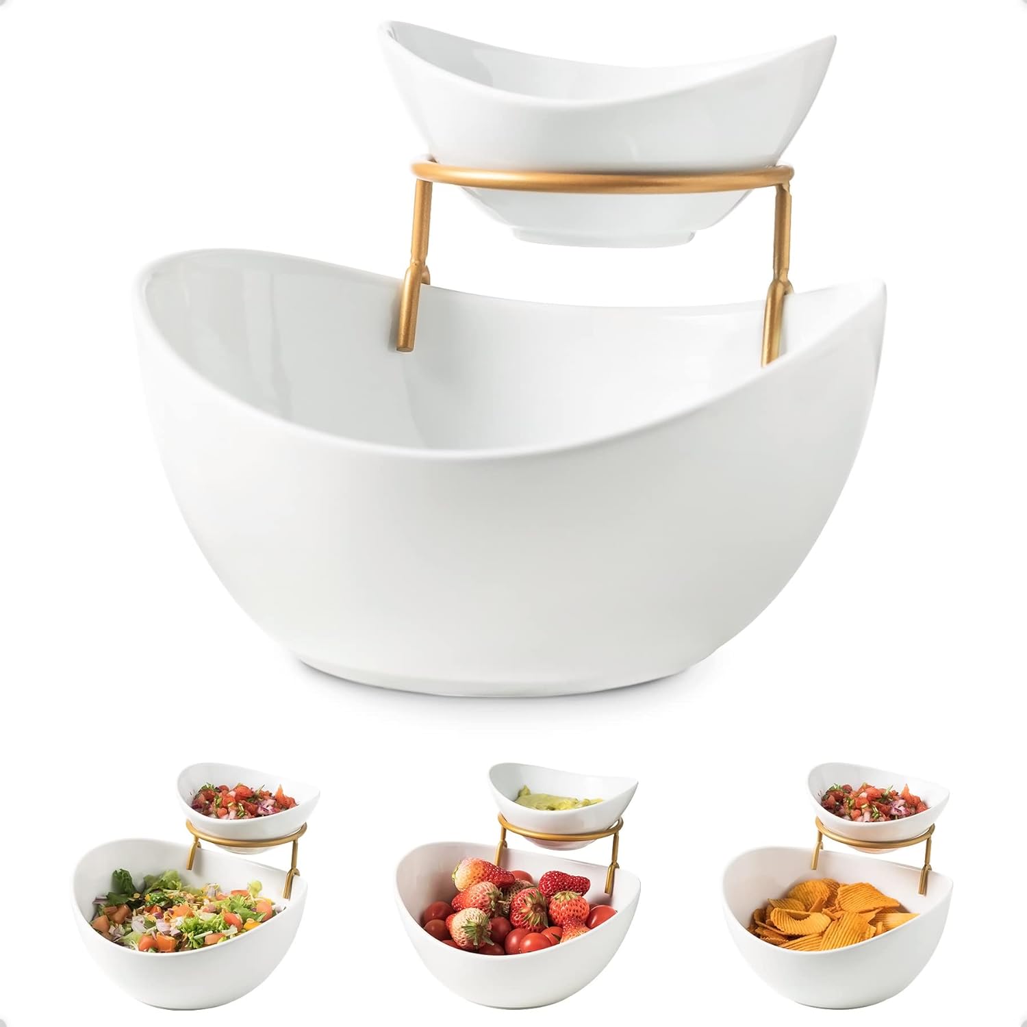 YHOSSEUN Chip and Dip Serving Set 2 Tiered Oval Dip Bowls with Metal Rack for Appetizer, Dessert, Fruit - Serving Bowls for Party Entertaining, Food Dispaly, Tortilla Holder - Gold Stand