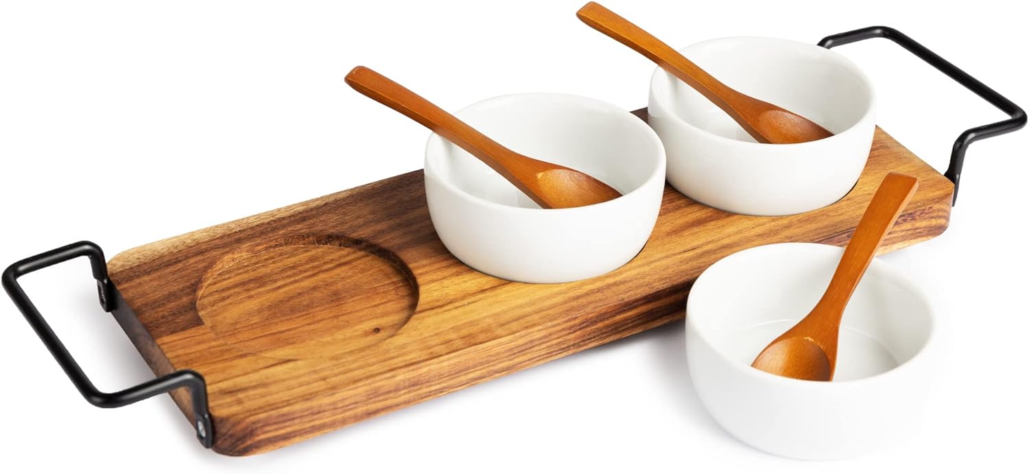 Acacia Wood Serving Tray with 3 Ceramic Bowls & 3 Wooden Spoons - Relish Tray with Stainless Steel Handles & Non-Scratch Rubber Feet Serves as Chip and Dip Serving Set for Sauces, Dips & Much More