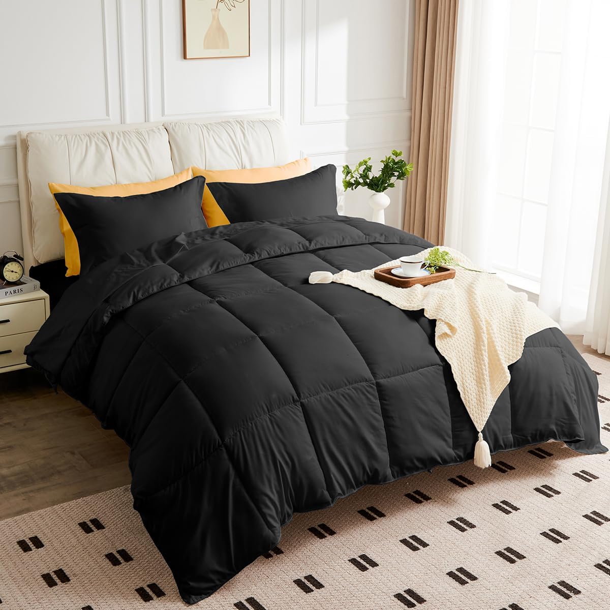 Queen Size Comforter Set - 3 Pieces, 1 Reversible Comforter and 2 Pillowcases,Soft Quilted Warm Fluffy Cooling Bedding for All Season,Black