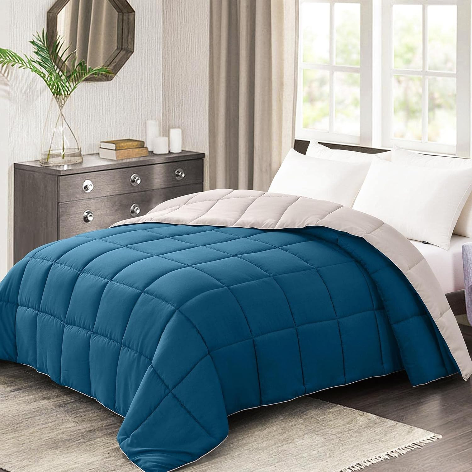 Homelike Moment Lightweight Queen Comforter - Teal Down Alternative Bedding Comforters Queen Size, All Season Duvet Insert Quilted Reversible Bed Comforter Soft Cozy Queen Full Size Teal/Ivory