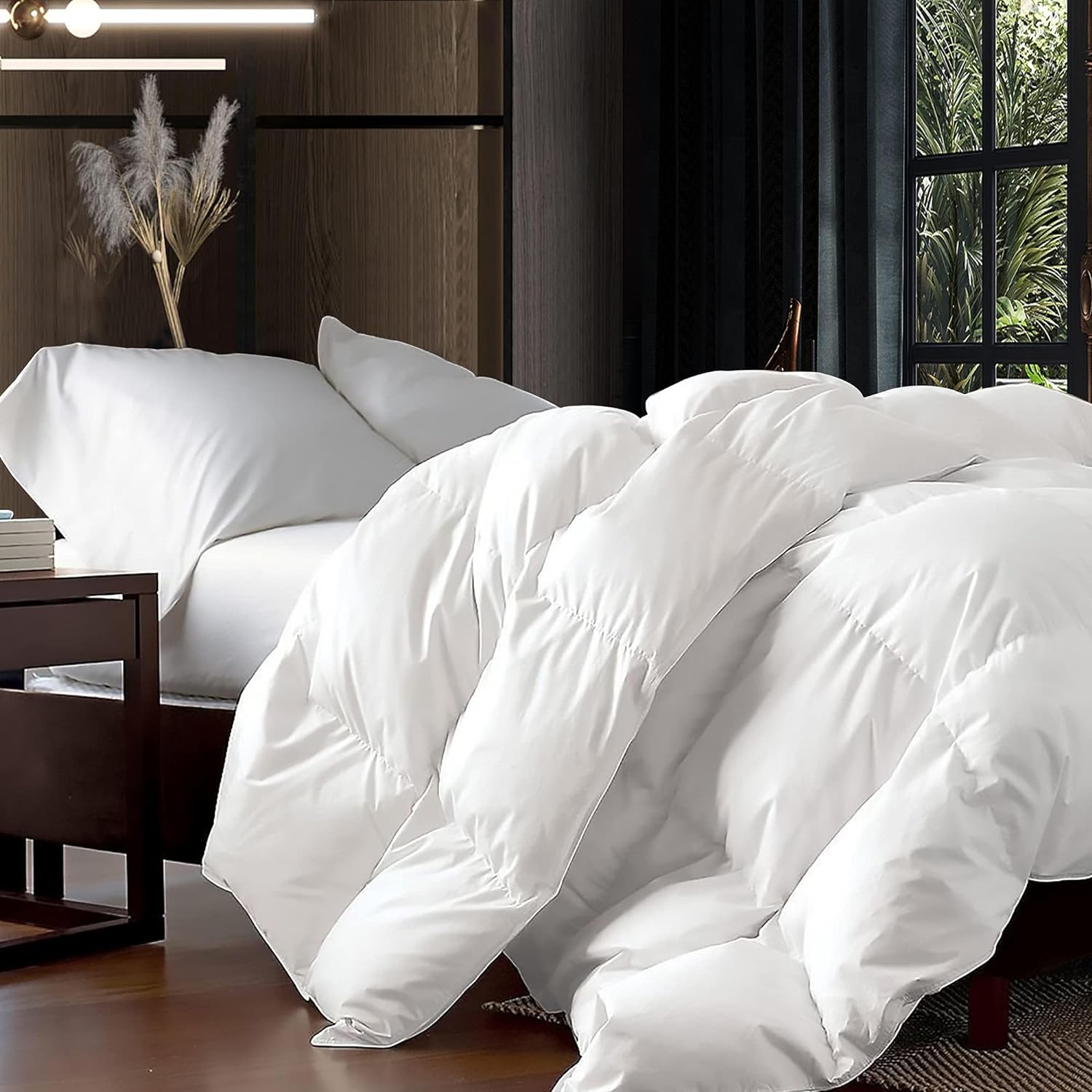 Luxurious Oversized King Size 108 x 98 inches Goose Down Fiber Waterfowl Feather Fiber Comforter Duvet, 100% Egyptian Cotton Cover, 65 oz. Fill Weight, Baffle Box Design, White Solid