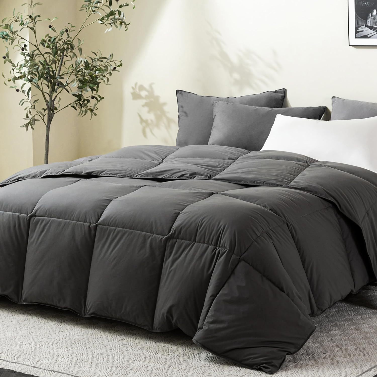 Luxury Medium Warmth Feather Down Comforter King Size,Hotel Collection All Season Duvet Insert, Ultra Soft Down Proof Polycotton Cover with 8 TabsGrey,106x90