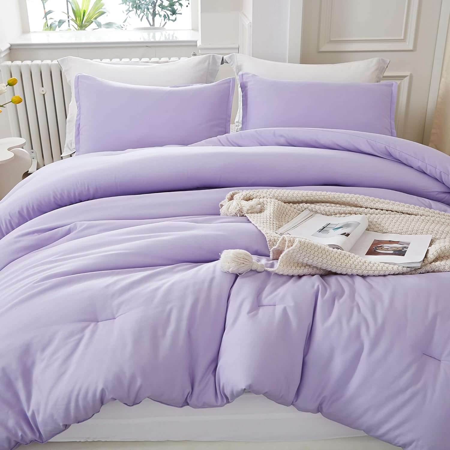 Litanika Lavender Purple Comforters Queen Size, 3 Pieces Lightweight Solid Bedding Set & Collections, All Season Fluffy Bed Set (90x90In Comforter & 2 Pillowcases)