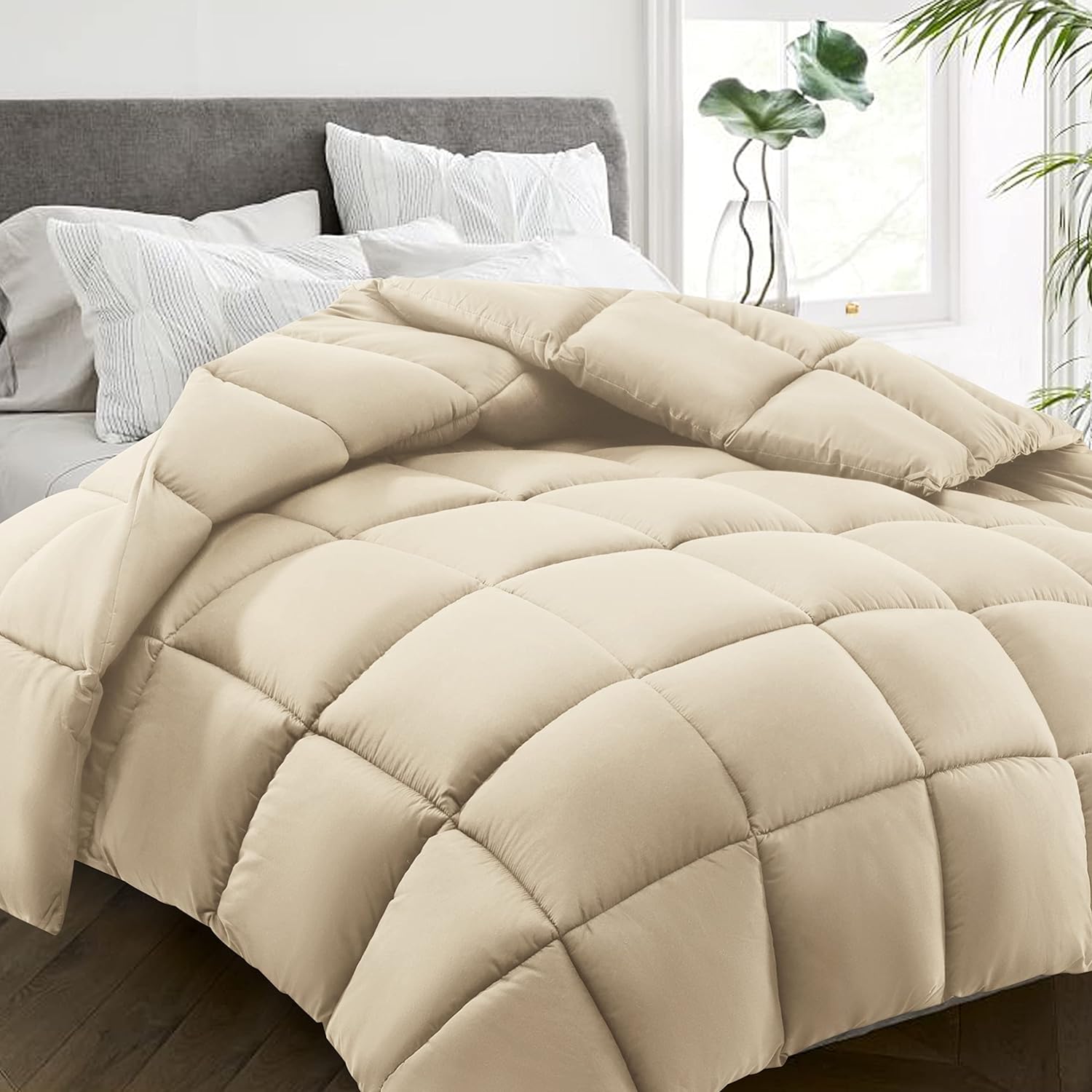 All Season Queen Size Bed Comforter - Cooling Down Alternative Quilted Duvet Insert with Corner Tabs - Winter Warm - Machine Washable - Beige