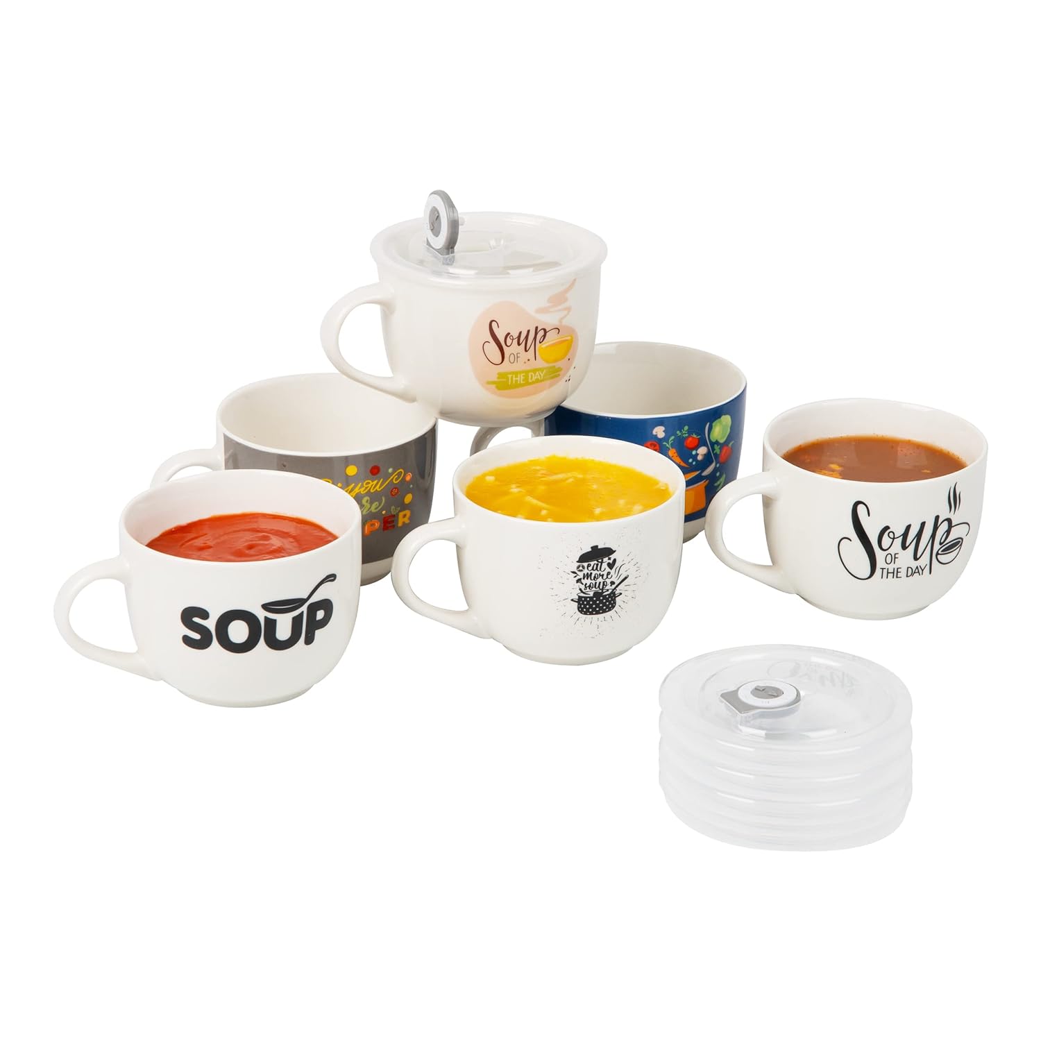 Soup Mug Set, Vented Cover for Microwave, 16 Ounce Capacity, Serveware, Ceramic, Set of 6