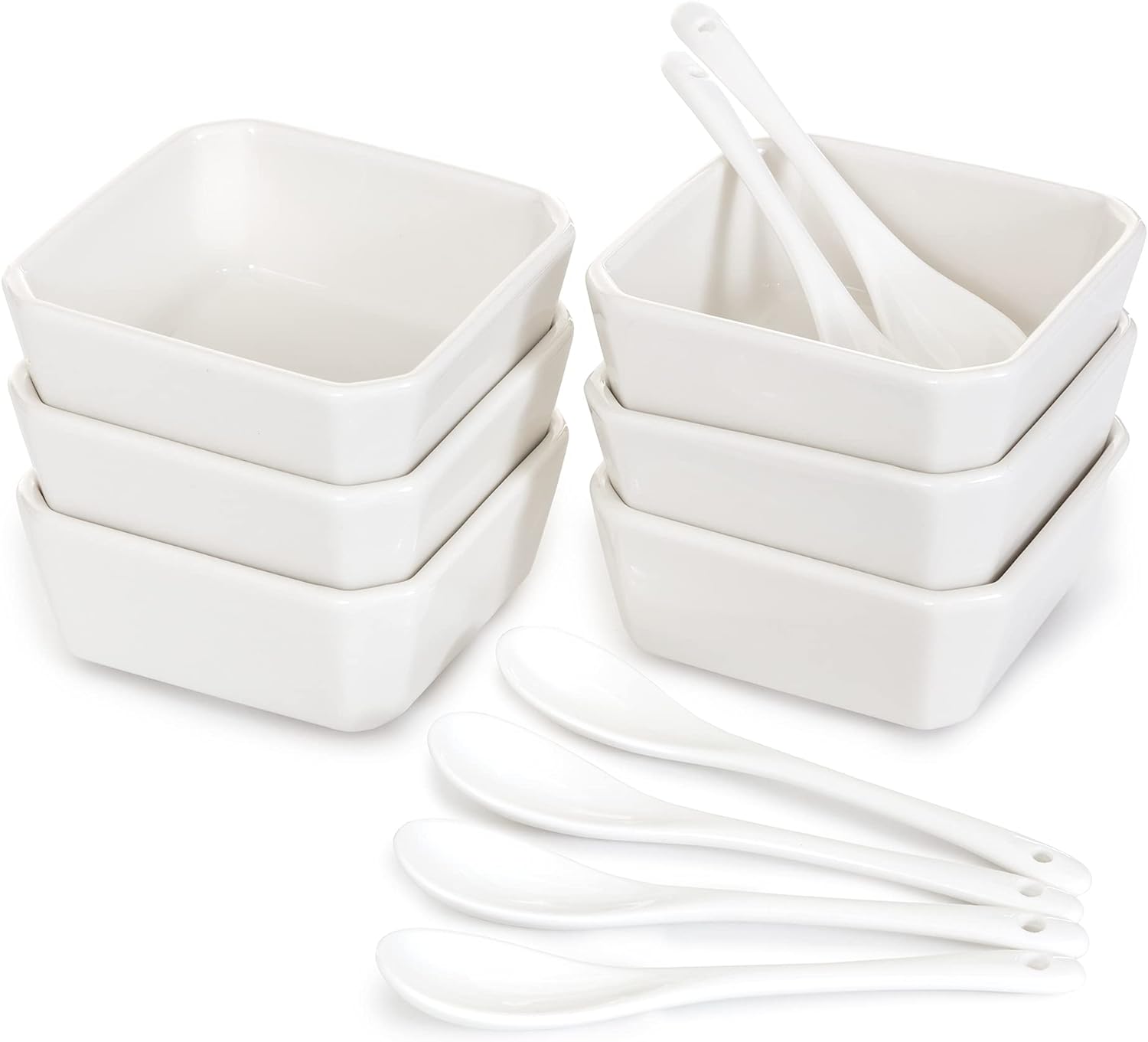 6 Oz White Porcelain Serving Bowls Set  6 Small Bowls and 6 Serving Spoons  Sturdy, Oven- and Dishwasher-Safe Ceramic Condiment Cups for Sauces, Desserts and Appetizers